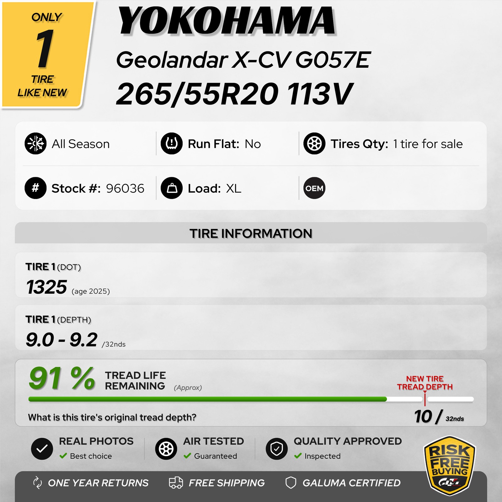 1 Tire LikeNEW Yokohama Geolandar X-CV G057E XL 265/55R20 265/55/20 113V #96036