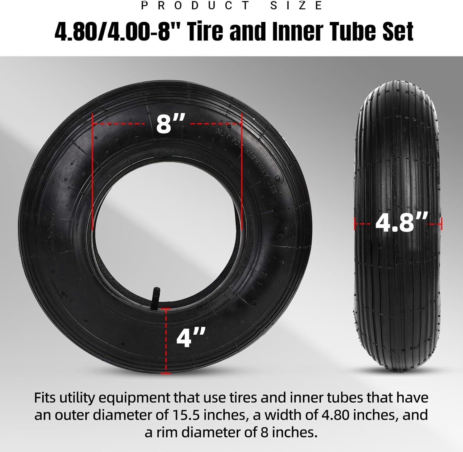 2-Set 4.80/4.00-8″ Tire & Inner Tube Set with 15.5″ Outer Diameter & 4.80″ Width
