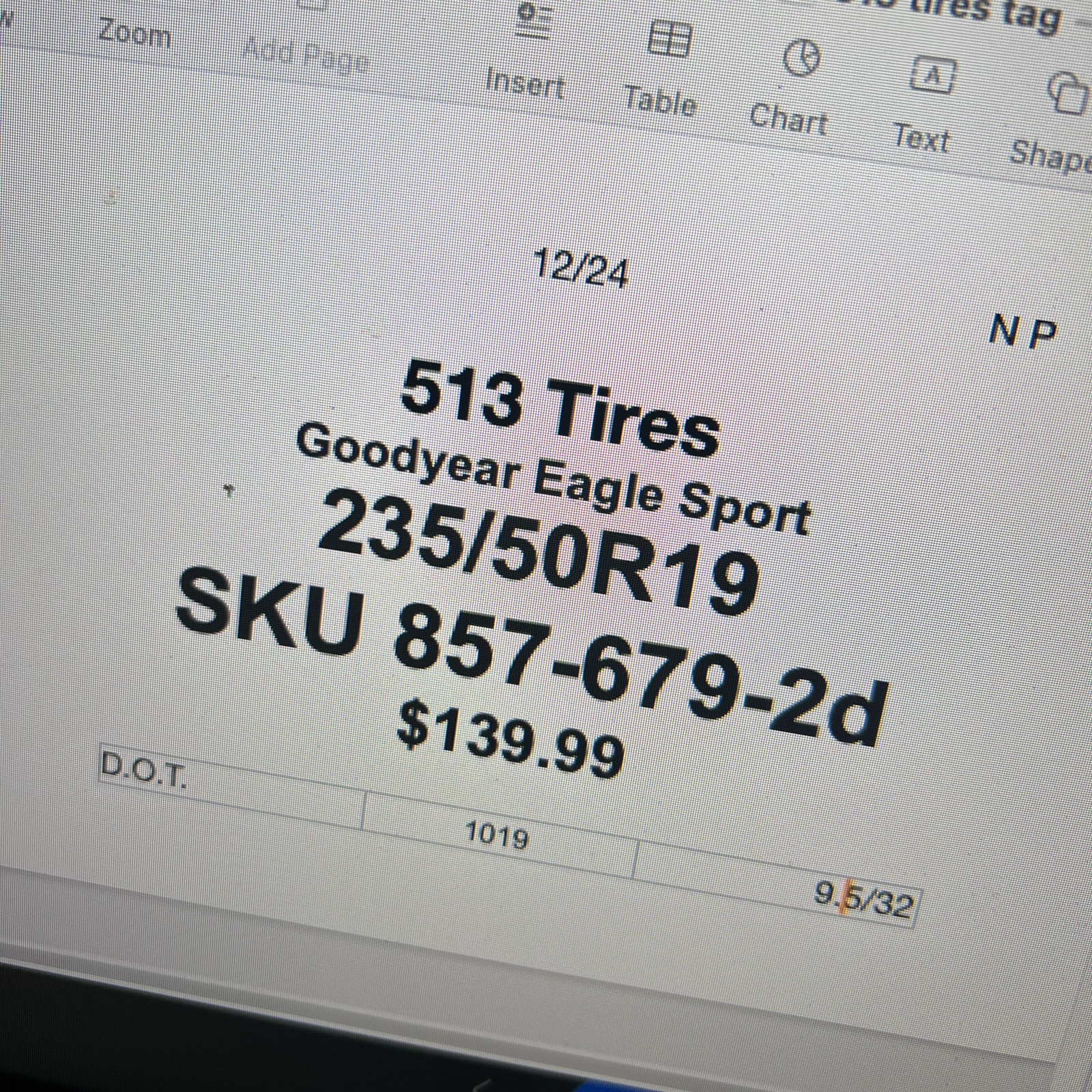 1 Tire LikeNEW Goodyear Eagle Sport AO 235/50/19 235/50R19 99H 9/32 No Patch