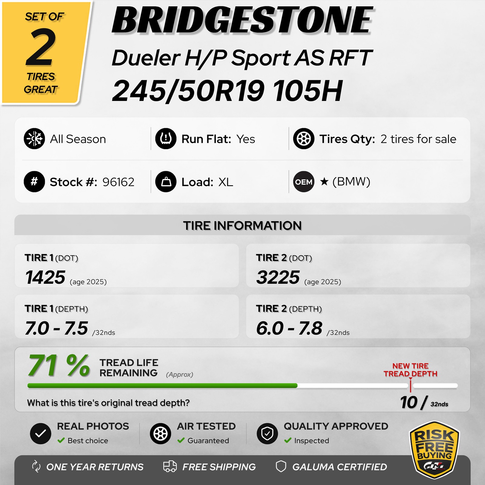 2X Tires Bridgestone Dueler H/P Sport AS RFT RunFlat ★ XL 245/50R19 105H #96162