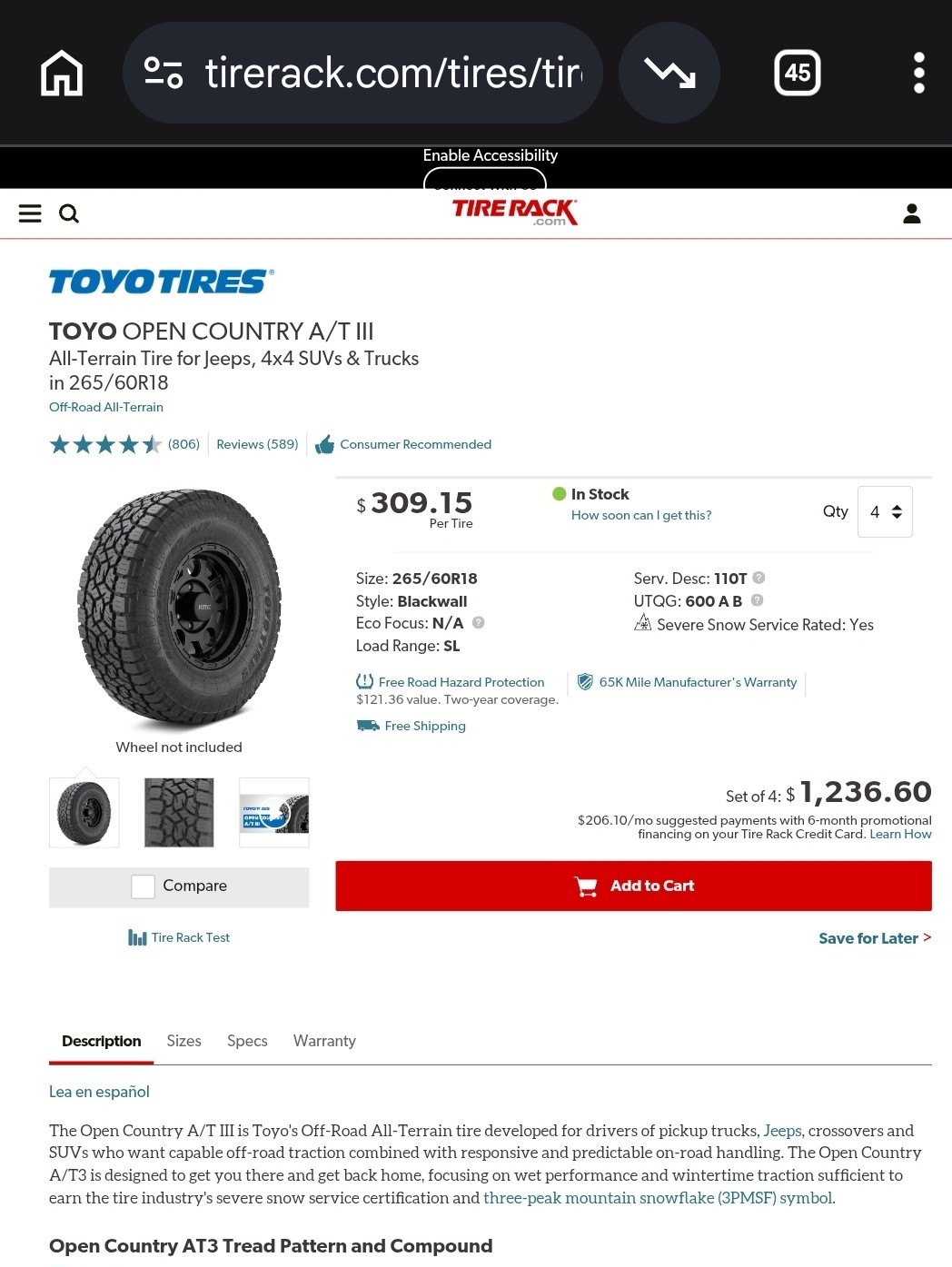 Used Single 265/60R18 Toyo Open Country A/T III 13/32″ M&S Light Truck tire