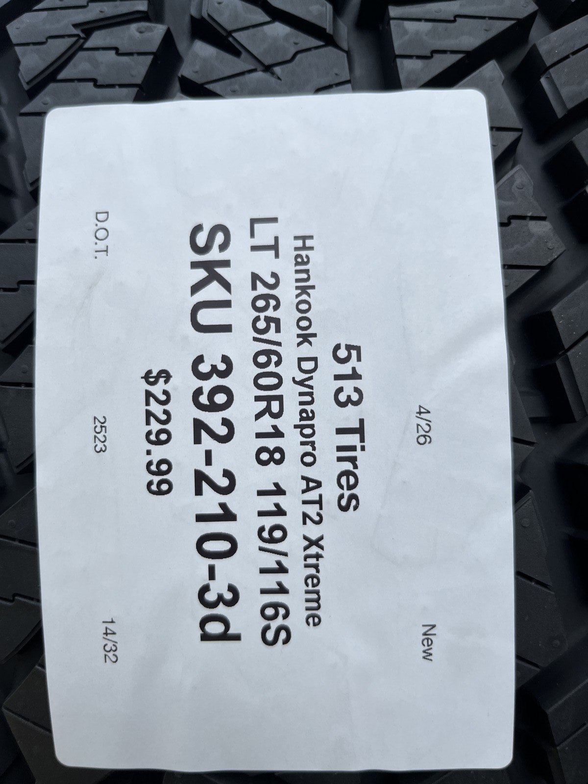 1 New Hankook Dynapro AT2 Xtreme LT 265/60R18 119/116S 10 PLY DOT.2523 14/32 New