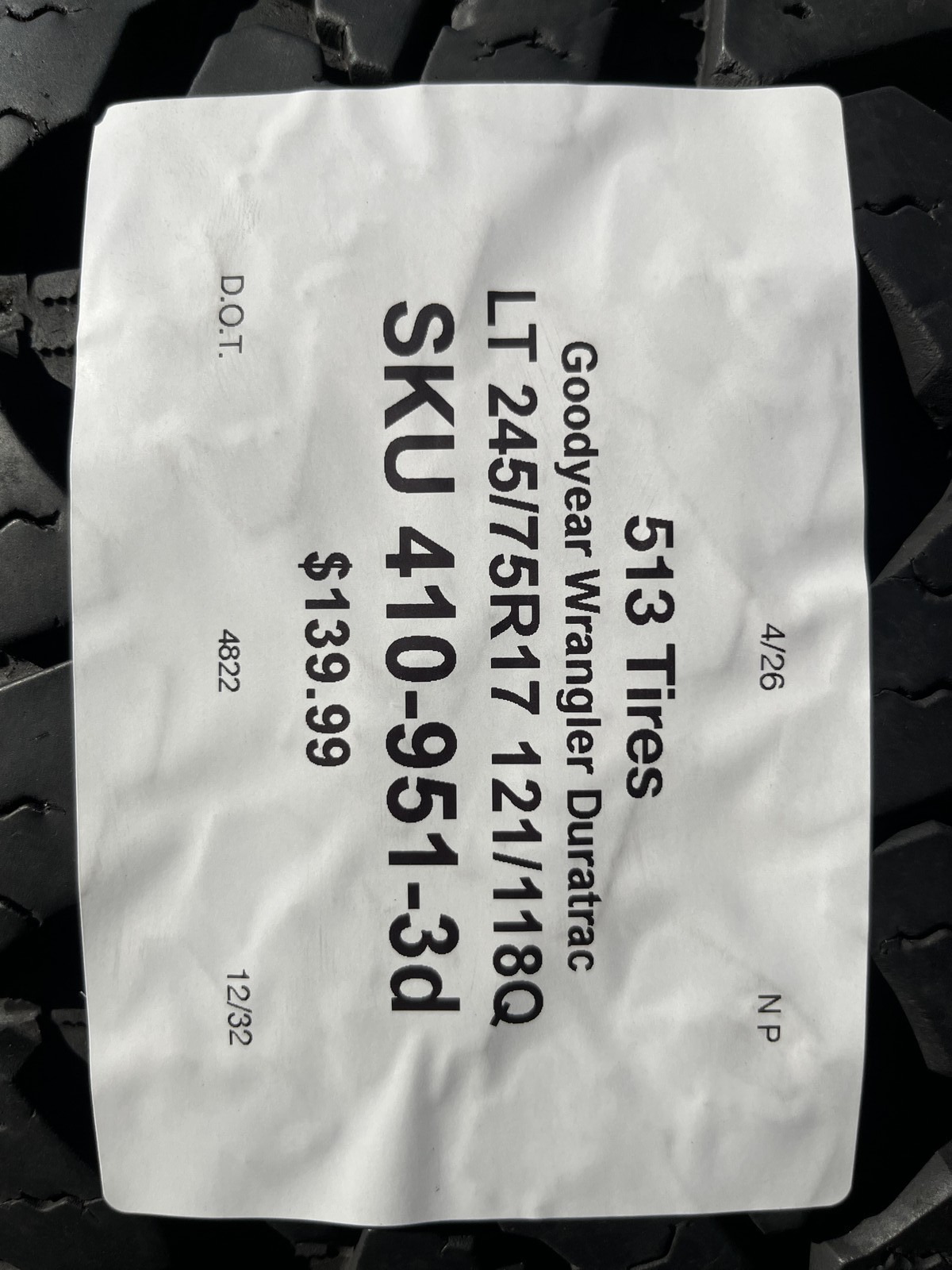 1 Tire Goodyear Wrangler Duratrac LT 245/75R17 121/118Q DOT.4822 12/32 No Patch