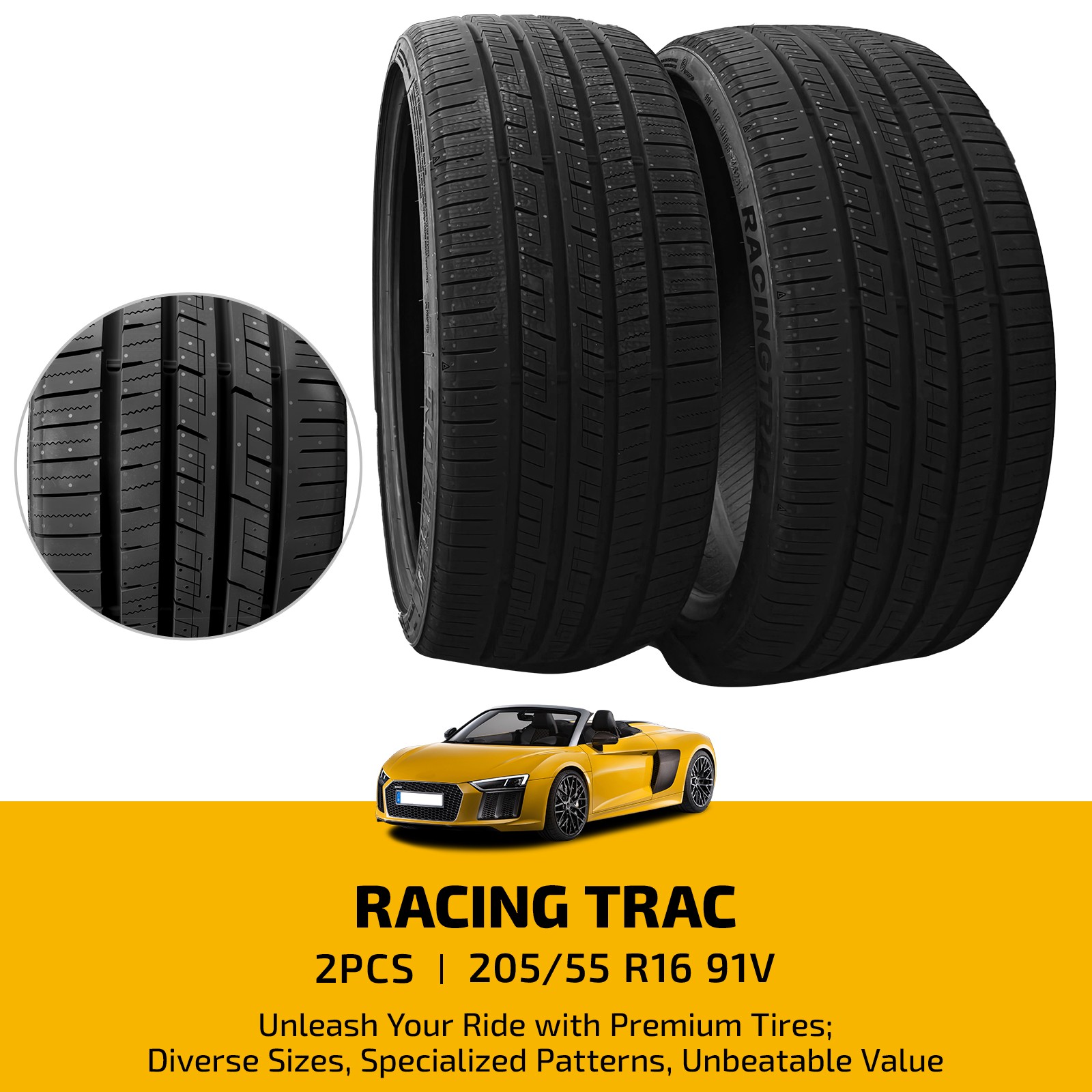 Set of 2 High Performance All-Season 205/55R16 91V Tires 420AA 7.7mm 50K Mile