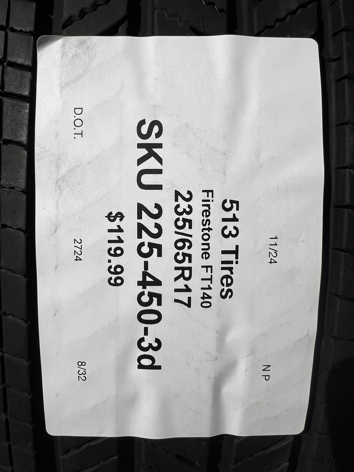 1 Tire Firestone FT140 235/65R17 103T DOT.2724 8/32 NO Patch