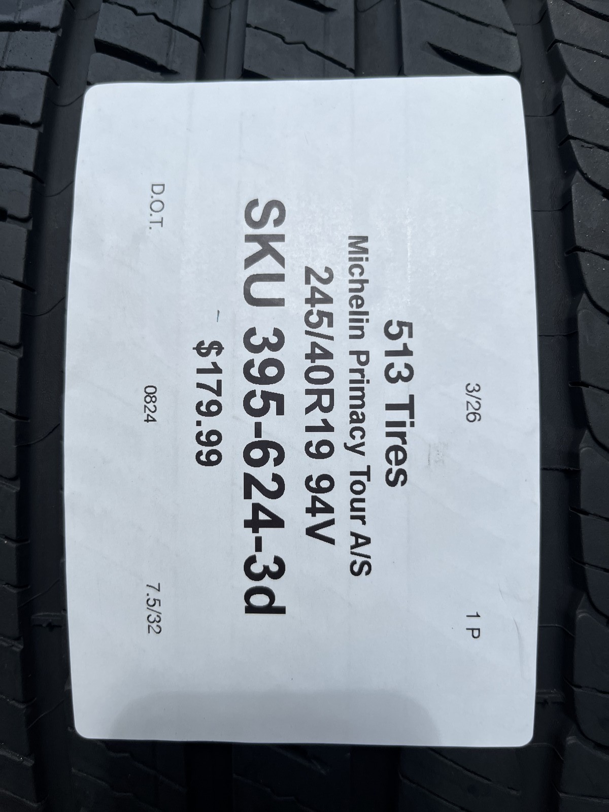 1 Tire Michelin Primacy Tour A/S ZP TPC 245/40R19 94V DOT.0824 7.5/32