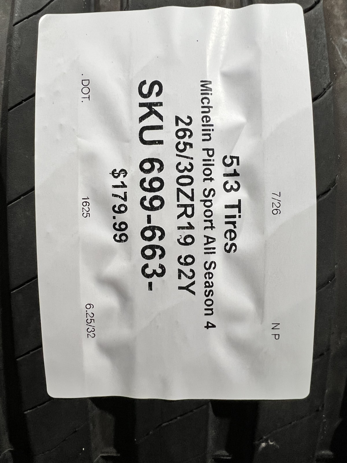 1 Bridgestone Potenza Sport Enliten RO1 265/30ZR19 92Y DOT.1625 6.25/32 NO Patch