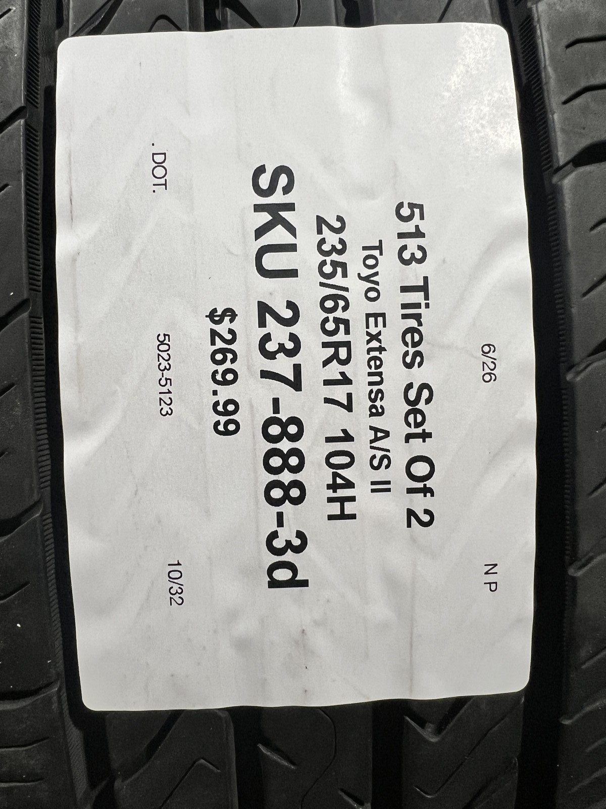 Set Of 2 Tires Toyo Extensa A/S II 235/65R17 104H DOT.5023 10/32 NO Patch
