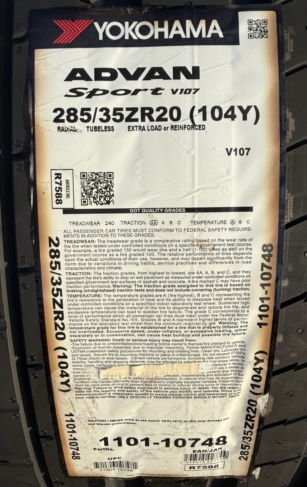 TWO BRAND NEW 285/35ZR20 Yokohama ADVAN Sport V107 Tires Like Michelin Pilot 4S!
