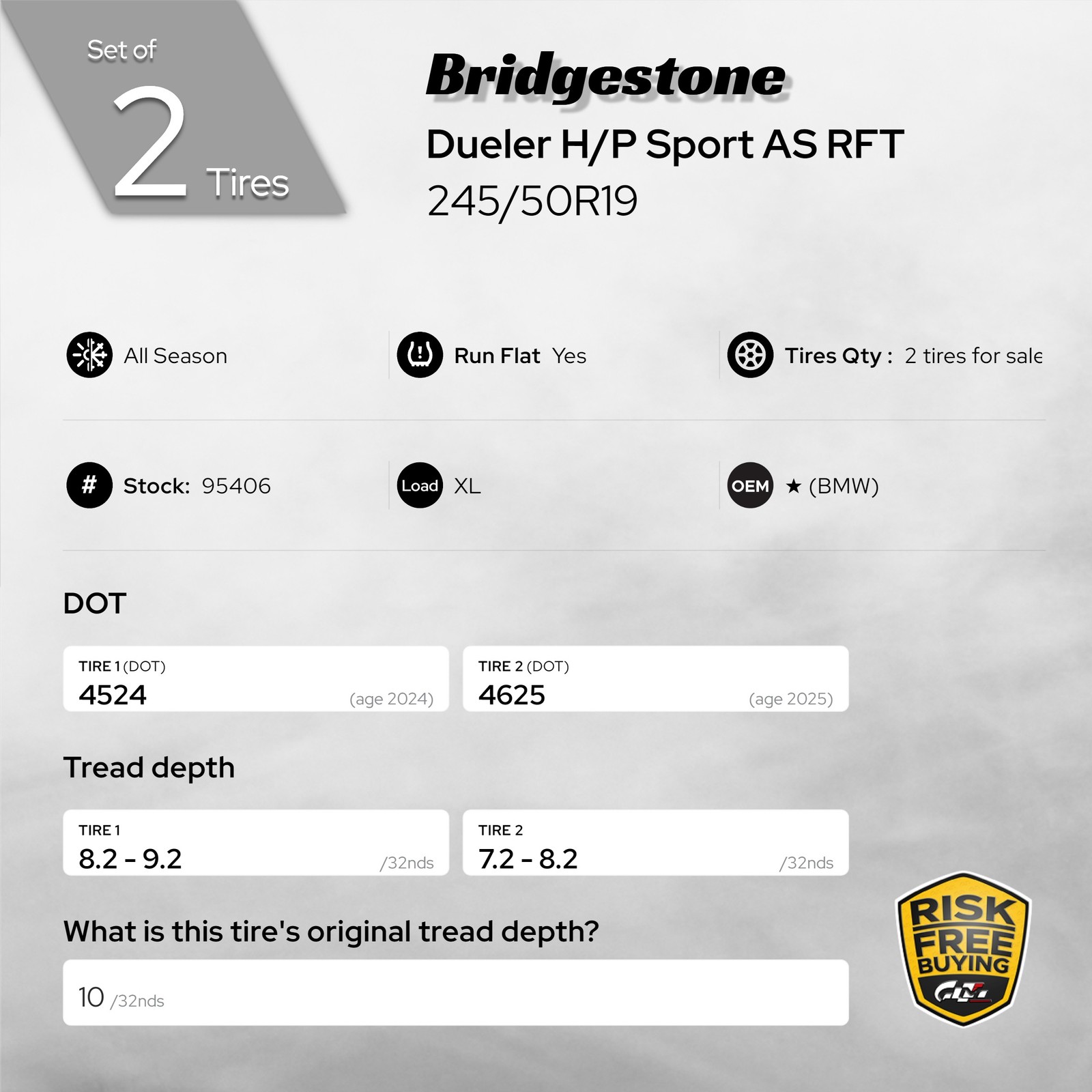 Set of 2 Tires Bridgestone Dueler H/P Sport AS RFT ★ XL RunFlat 245/50R19 #95406
