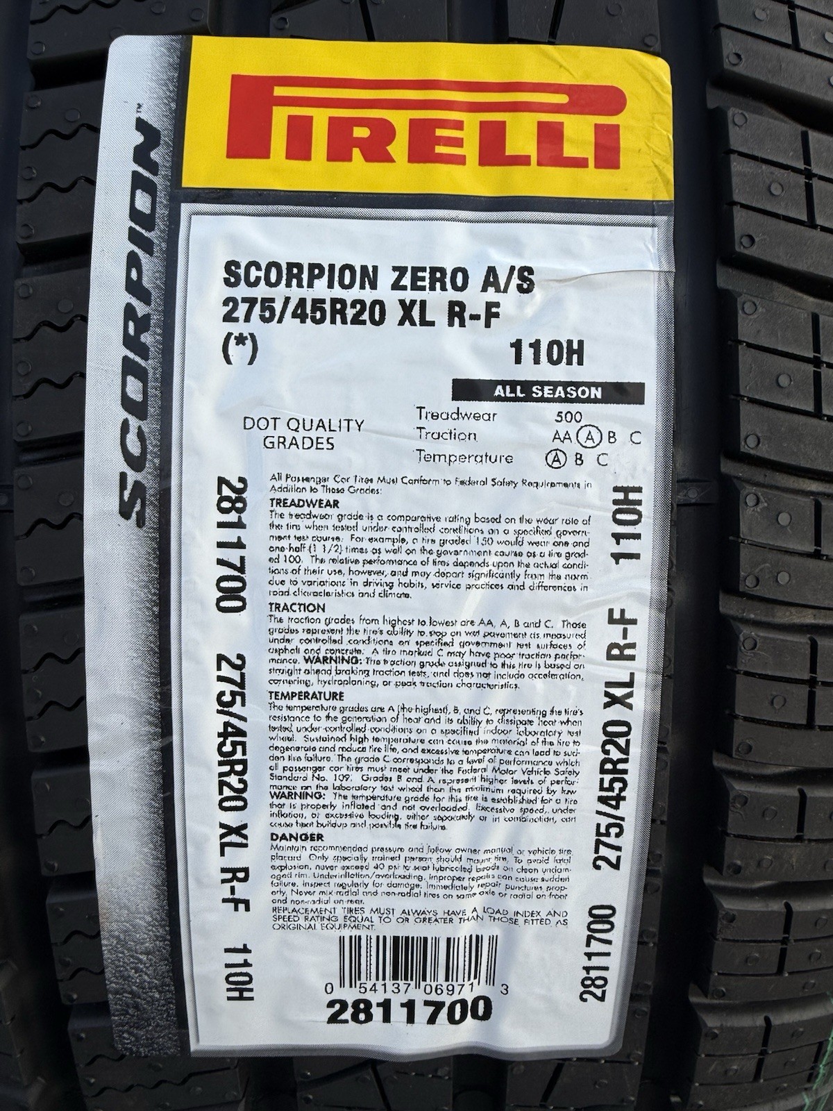 Set of TWO BRAND NEW 275/45R20 110H Pirelli Scorpion Zero A/S Run Flat BMW Tires