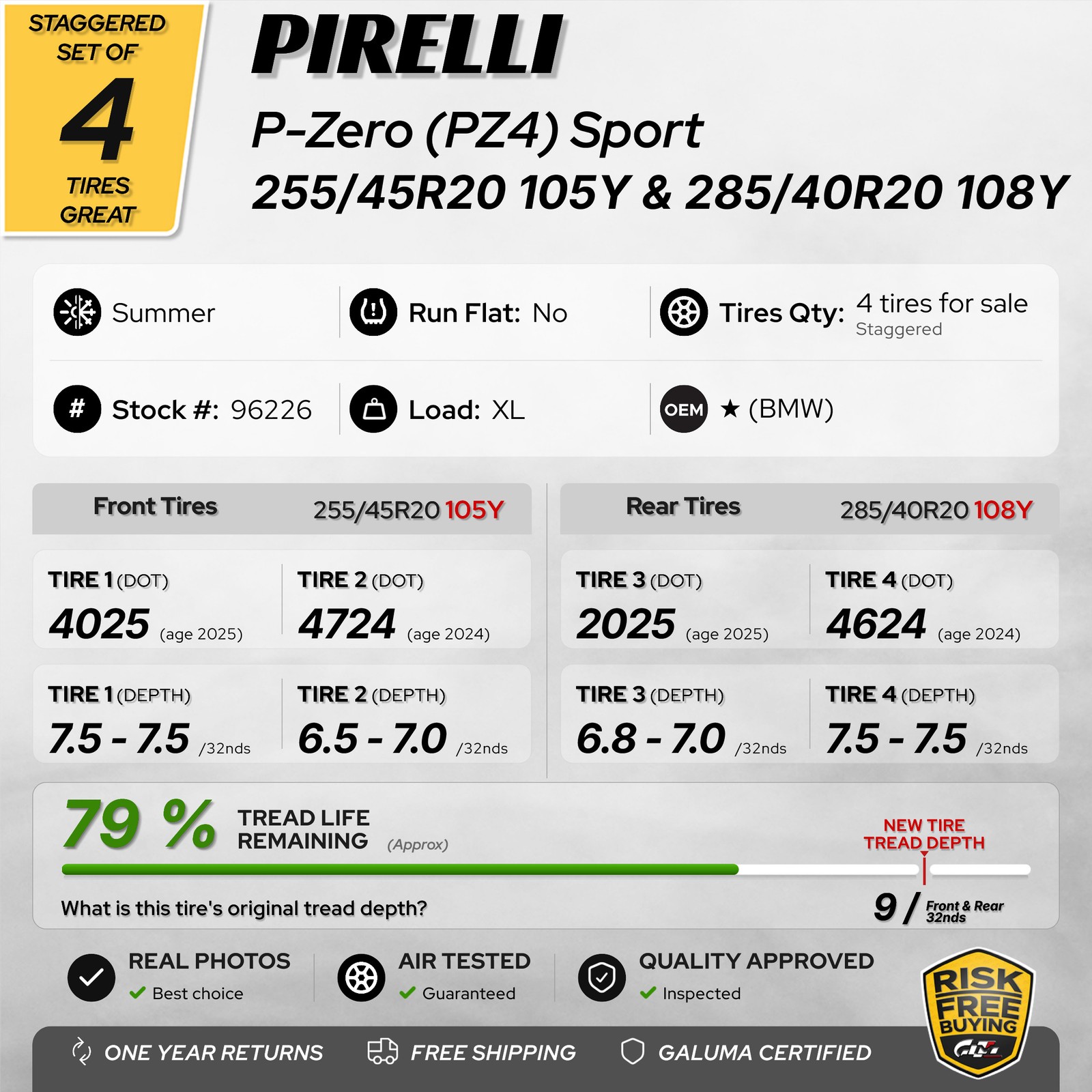 Set of 4 Tires Pirelli P-Zero (PZ4) Sport ★ XL 255/45/20 & 285/40/20 R20 #96226