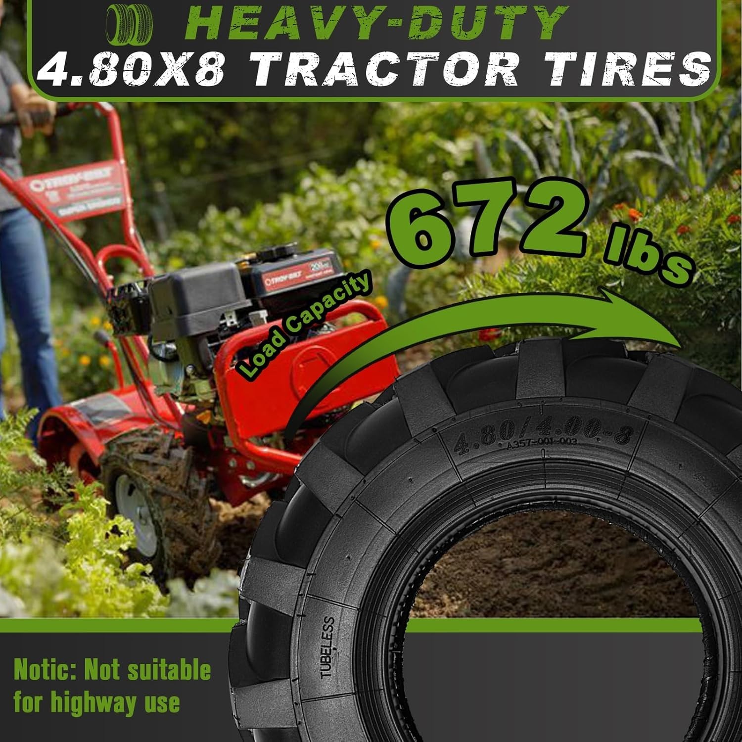 NEW 2 PCS 4.80/4.00-8 Tires Tubeless Turf Lawn Garden Tractor Golf Cart Tires