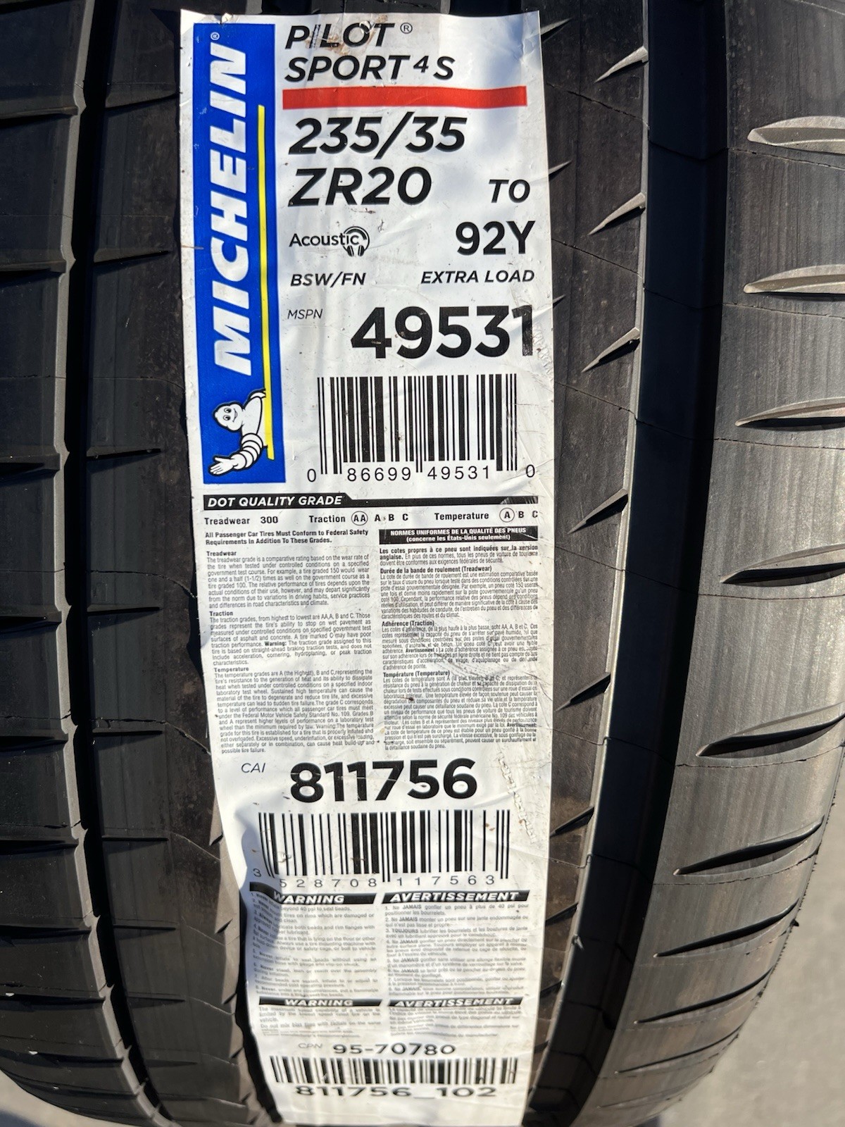 ONE BRAND NEW 235/35ZR20 92Y Michelin Pilot Sport 4S T0 Foam Tire 2353520