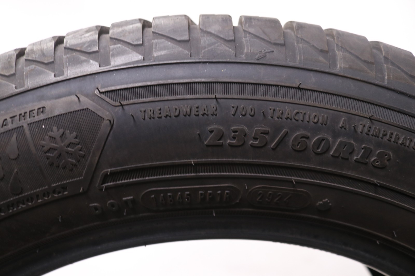 Set of 2 Used 235/60R18 Goodyear Assurance WeatherReady 2 – 107V – 8-8.5/32