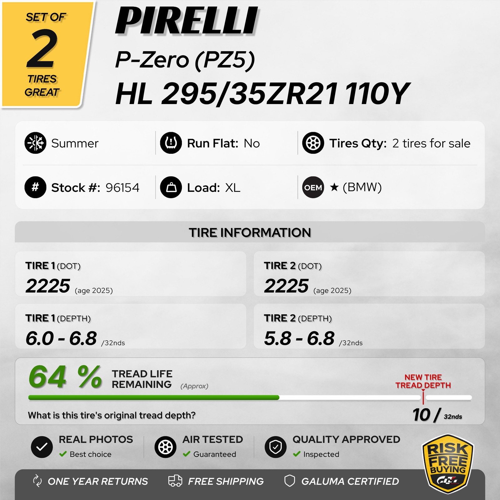 Set of 2 Tires Pirelli P-Zero (PZ5) ★ XL HL295/35/21 ZR21 2953521 110Y #96154