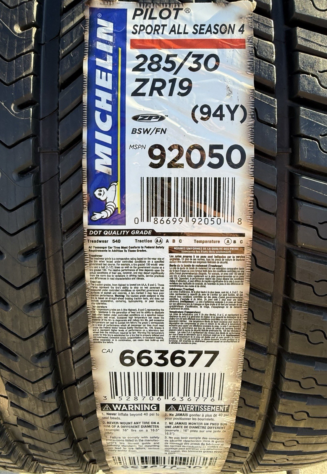 ONE NEW 285/30ZR19 Michelin Pilot Sport All Season 4 ZP Run Flat Corvette Tire