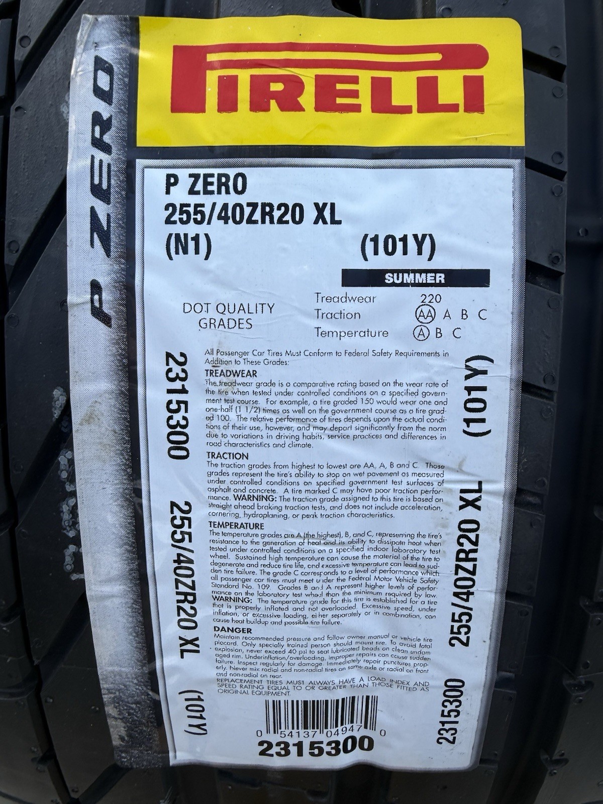 Set of TWO BRAND NEW 255/40ZR20 (101Y) Pirelli P Zero N1 Tires 2554020
