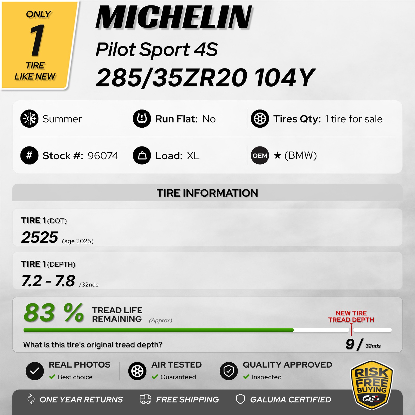 1 Tire LikeNEW Michelin Pilot Sport 4S ★ XL 285/35ZR20 2853520 No Repairs #96074