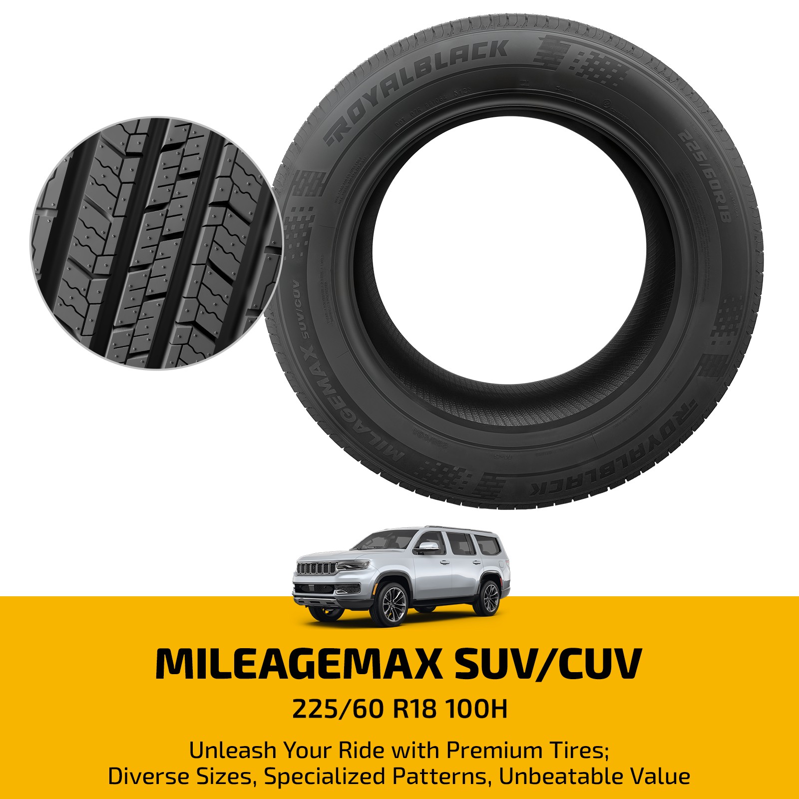 Long Lasting MILEAGEMAX Performance SUV CUV Tire 225/60R18 100H 8.4mm Tread