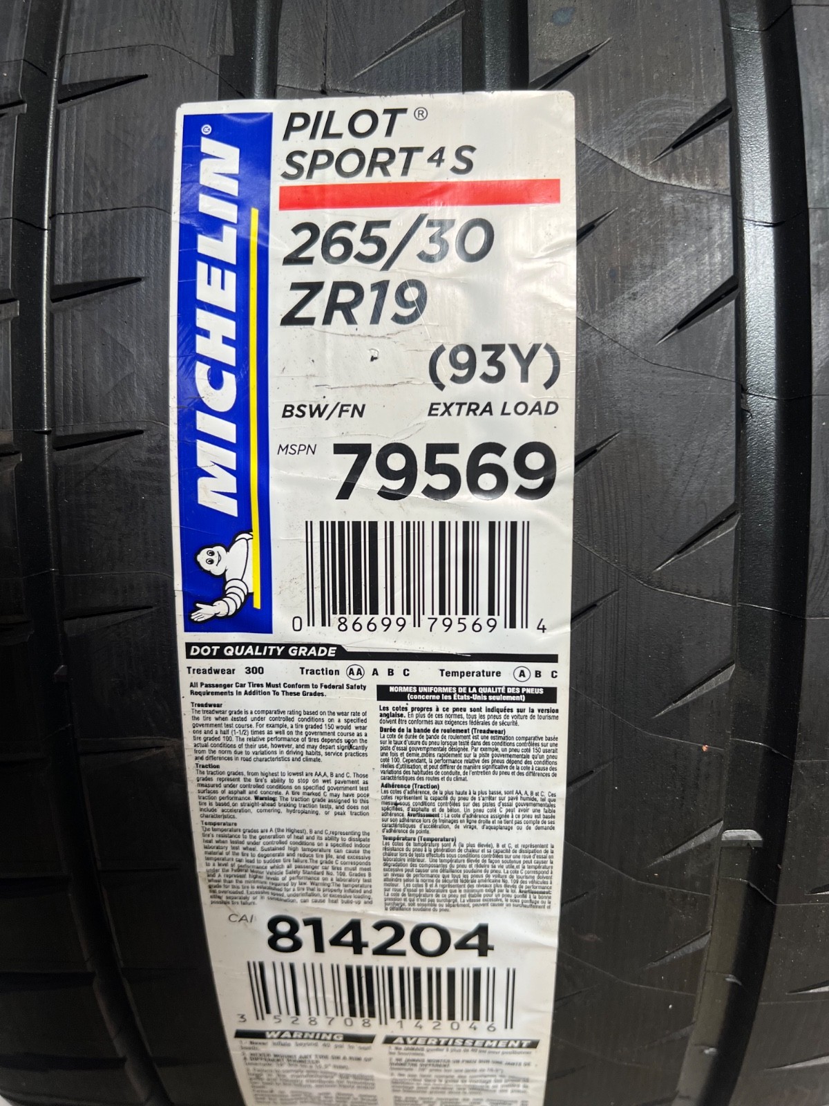 1 – NEW 265/30ZR19 XL (93Y) Michelin Pilot Sport 4 S – 7090