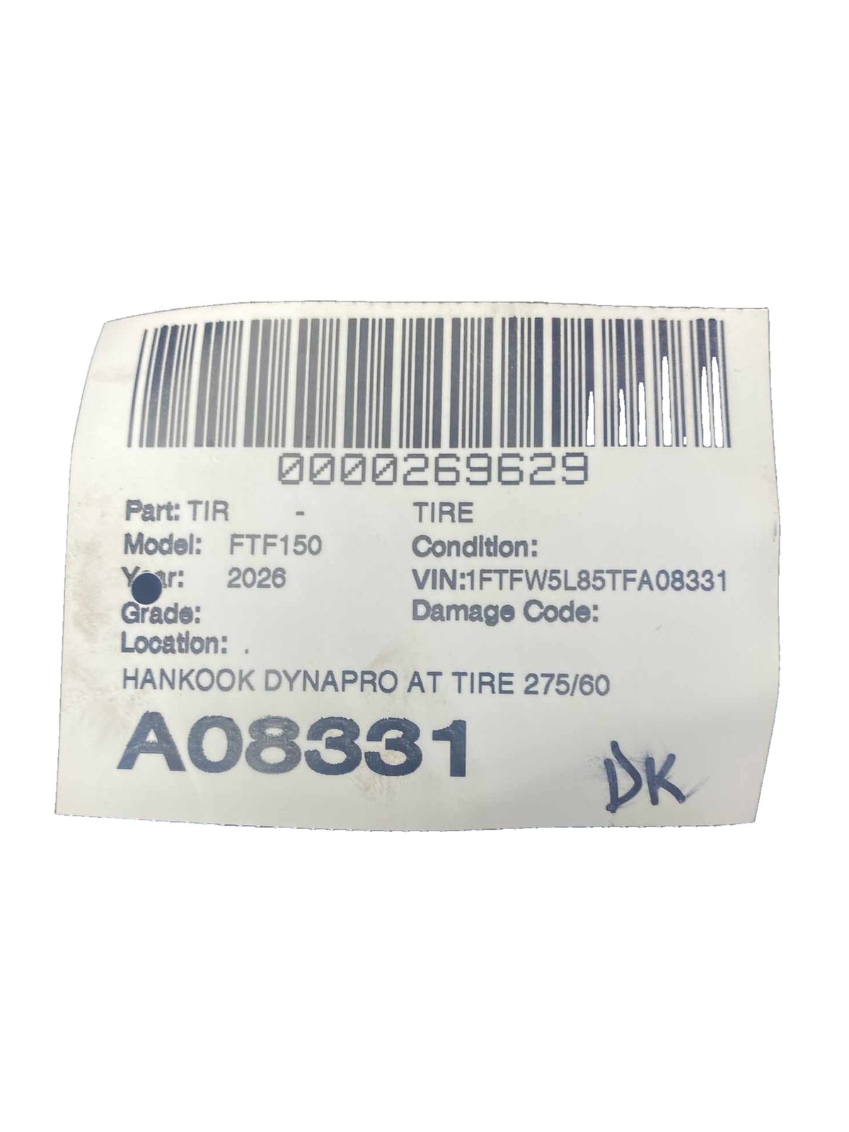 HANKOOK DYNAPRO AT TIRE 275/60R20 9/32ND DOT 1625