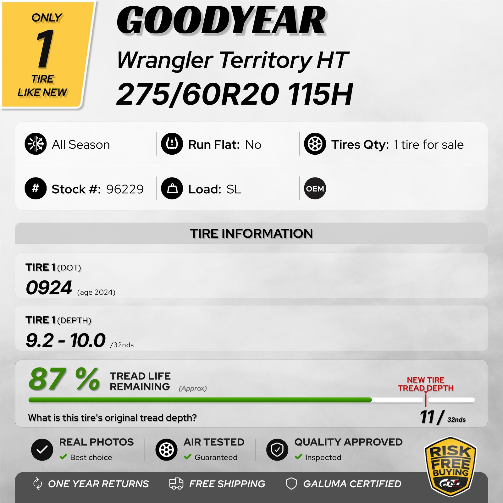1 Tire LikeNEW Goodyear Wrangler Territory HT 275/60R20 115H No Repairs #96229