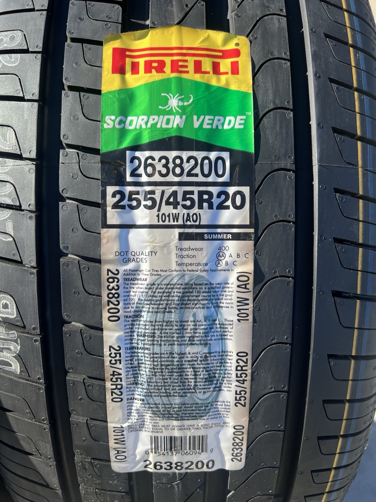 Set of FOUR BRAND NEW 255/45R20 101W Pirelli Scorpion Verde AO Audi Tires