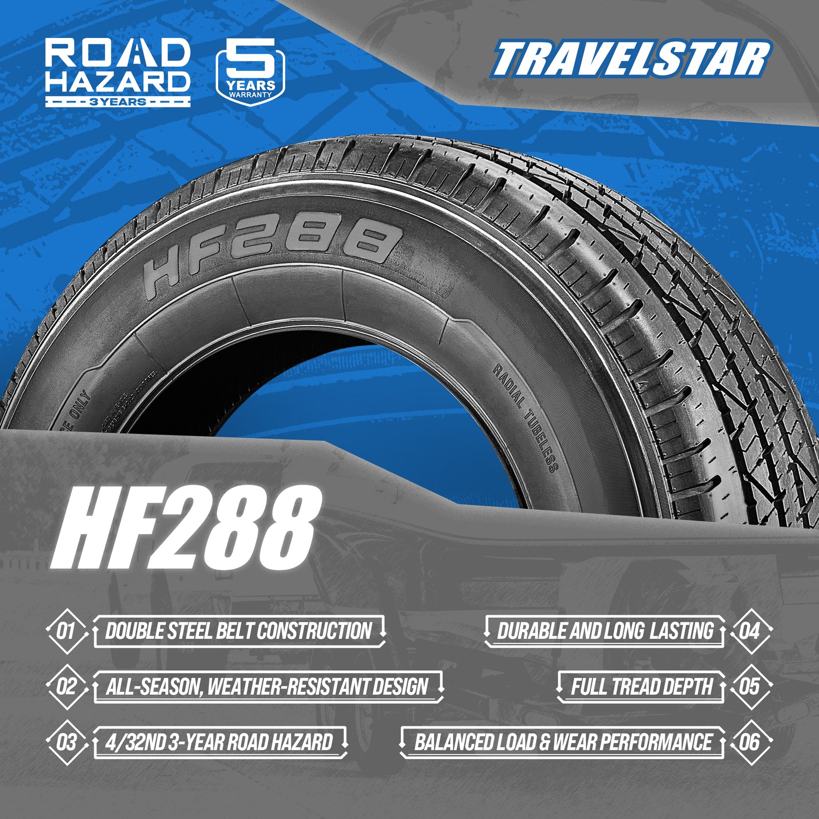 Travelstar HF288 ST205/75R14 8Ply 105/101N Load D Radial Trailer Tire 205 75 14