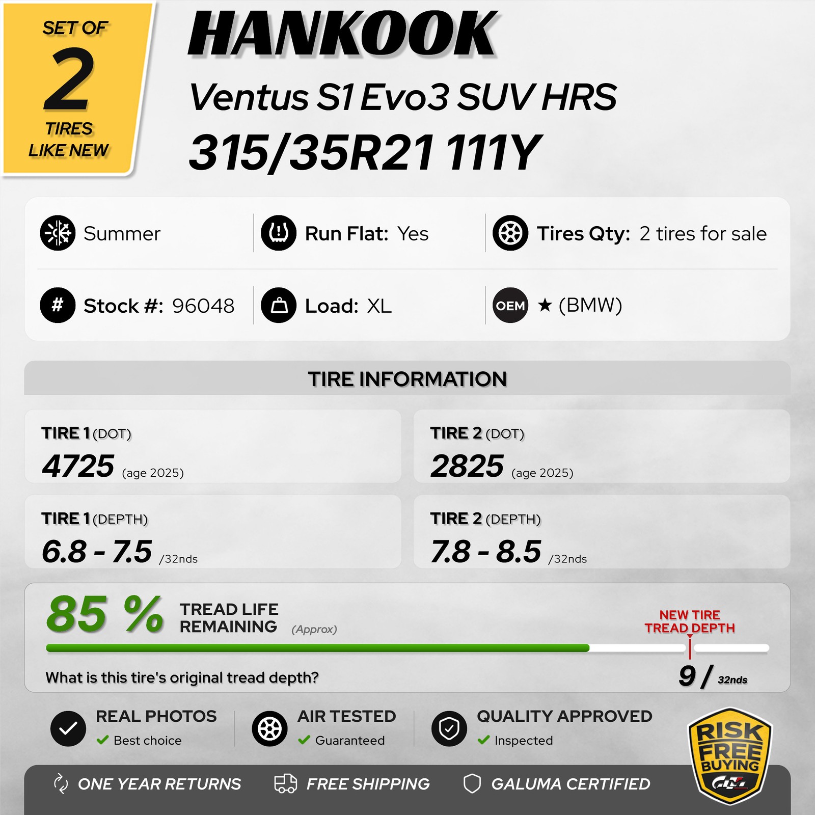Set of 2 Tires LikeNEW Hankook Ventus S1 Evo3 SUV HRS ★ RunFlat 315/35R21 #96048