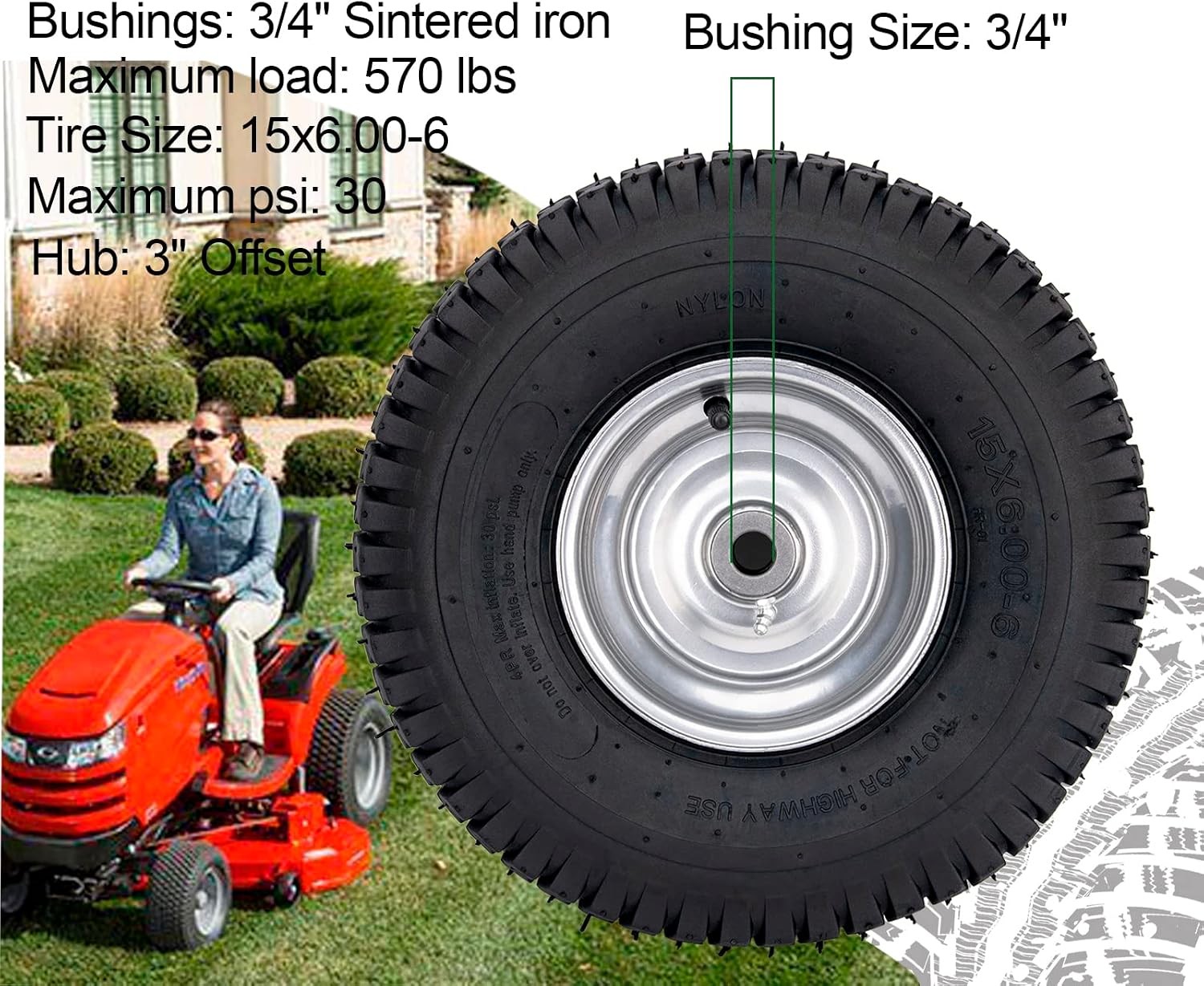 15×6.00-6 Lawn Mower Tire Wheel Assembly Front Tire for John Deere Craftsman