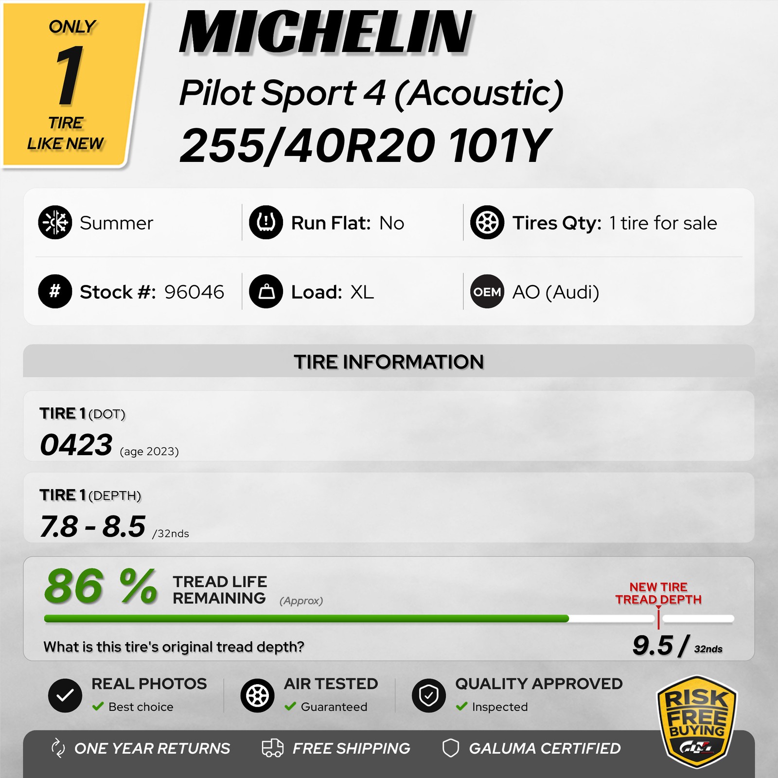 1 Tire LikeNEW Michelin Pilot Sport 4 (Acoustic) AO XL 255/40R20 255/40/20 96046