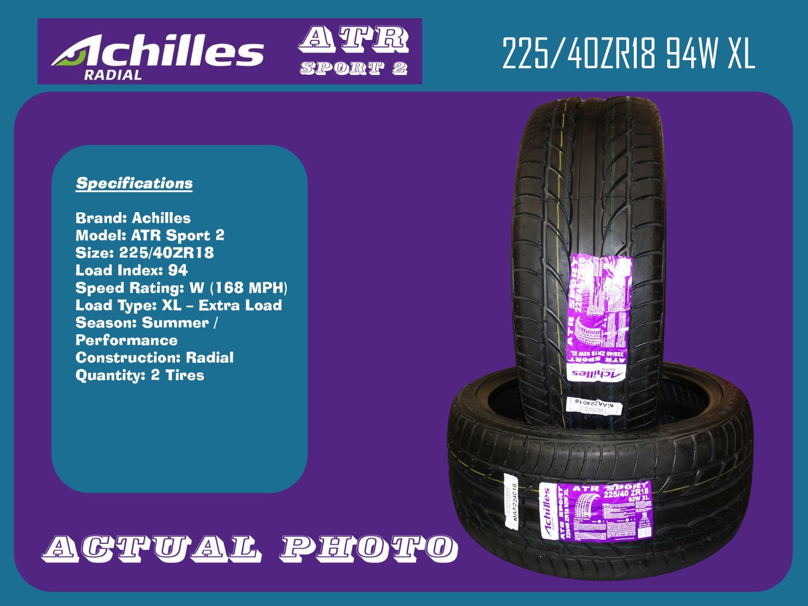 2 NEW 225/40ZR18-Achilles ATR Sport 2 225/40ZR18 94W XL Performance Tires
