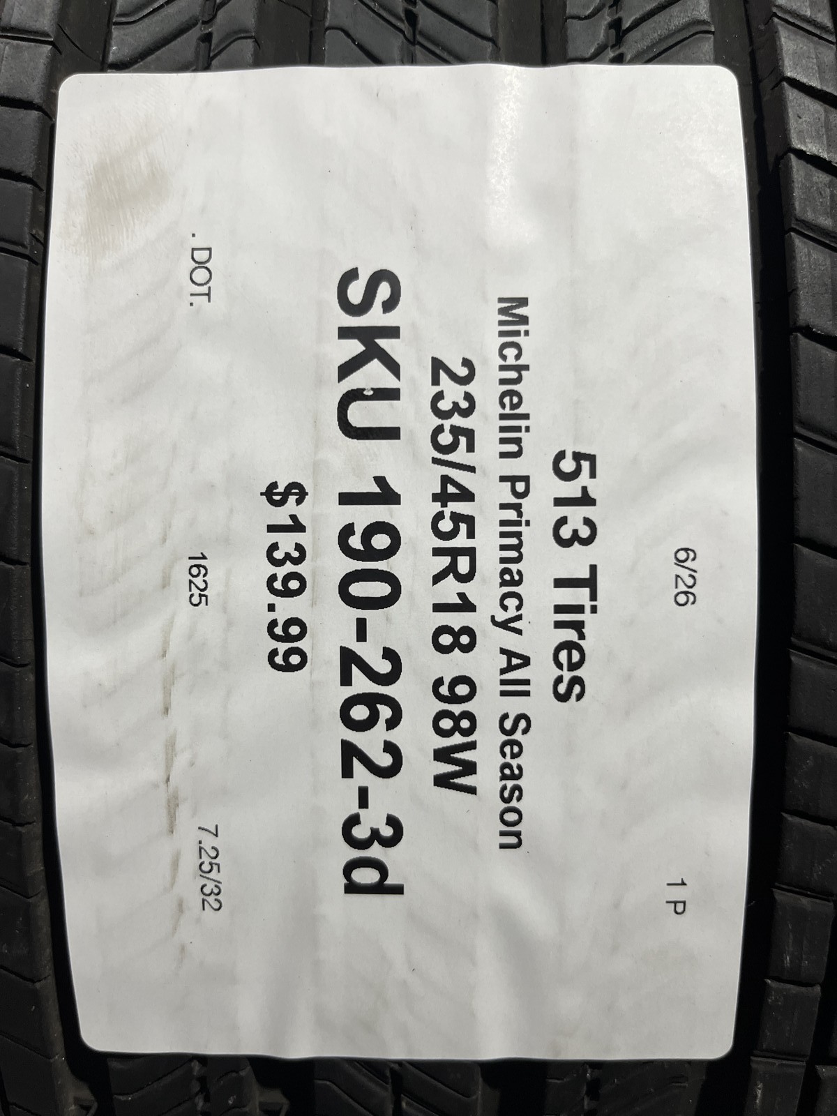1 Tire Michelin Primacy All Season TO Acoustic 235/45R18 98W DOT.1625 7.25/32