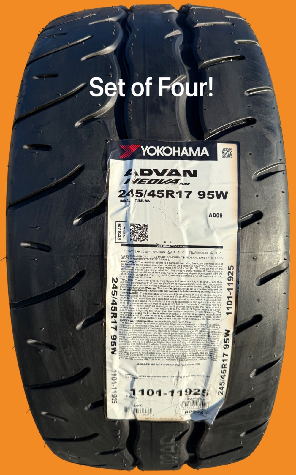 FOUR BRAND NEW 245/45R17 95W Yokohama ADVAN NEOVA AD09 Tires 2454517