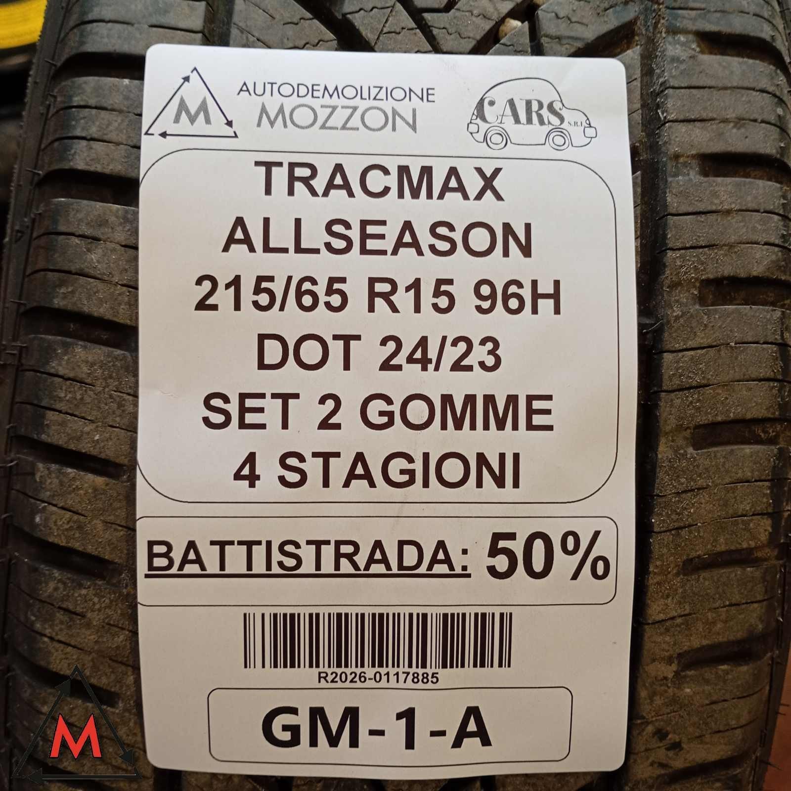 Set of 2 4 Season Tires 2 215/65 R15 96H TRACMAX ALLSEASON Used 117885