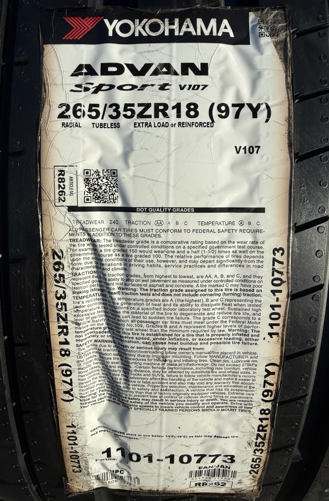 Set of FOUR BRAND NEW 265/35ZR18 (97Y) Yokohama ADVAN Sport V107 Tires 2653518