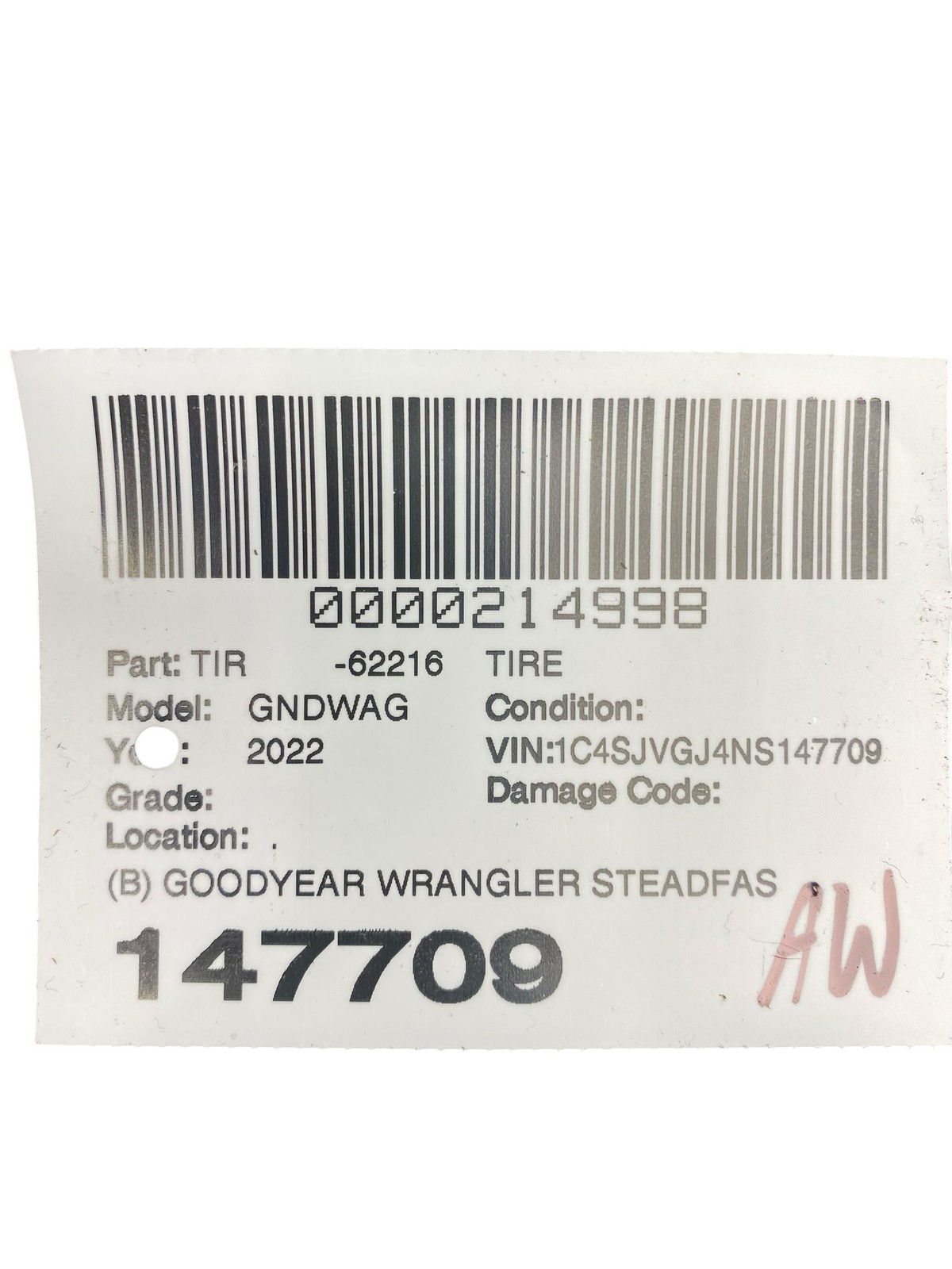 2022 – 2025 JEEP GRAND WAGONEER WS OEM (B) GOODYEAR 14H M+S 7/32NDS DOT(3122)
