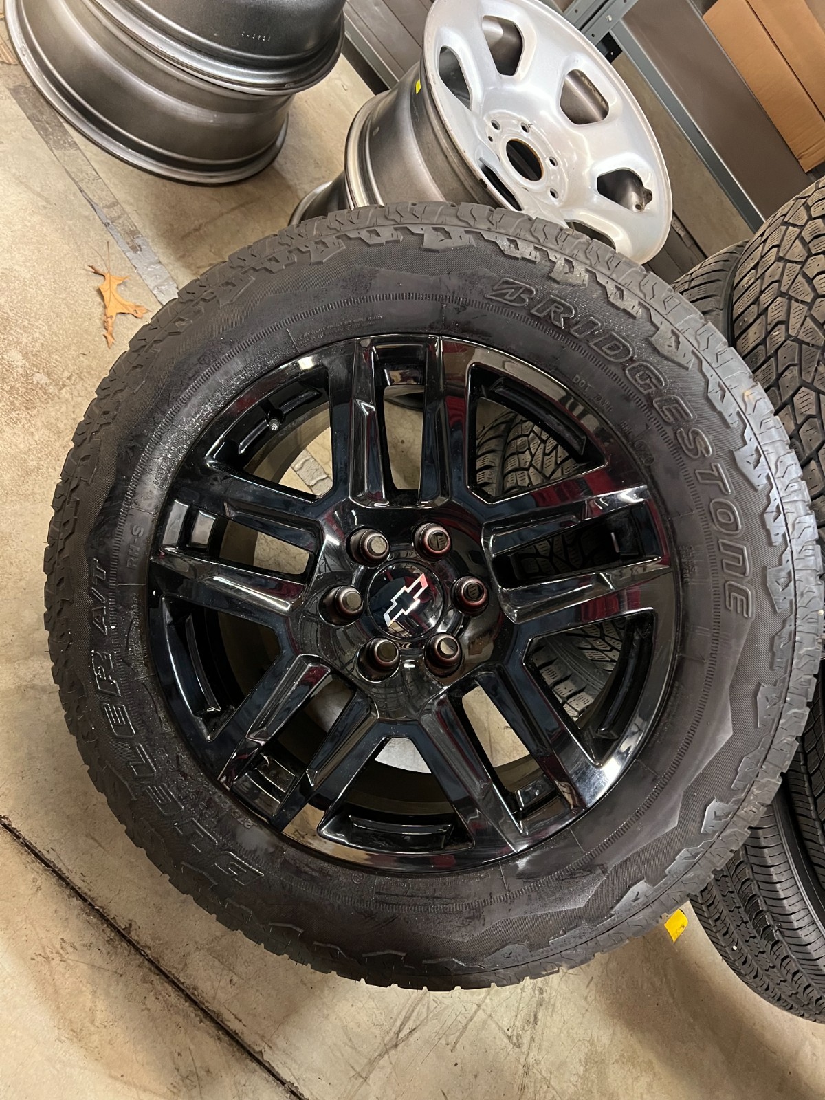 CHEVY 6 LUG TRUCK WHEELS. 275/50/20 BRIDGE STONE DUELER A/T  TREAD 8 32NDS