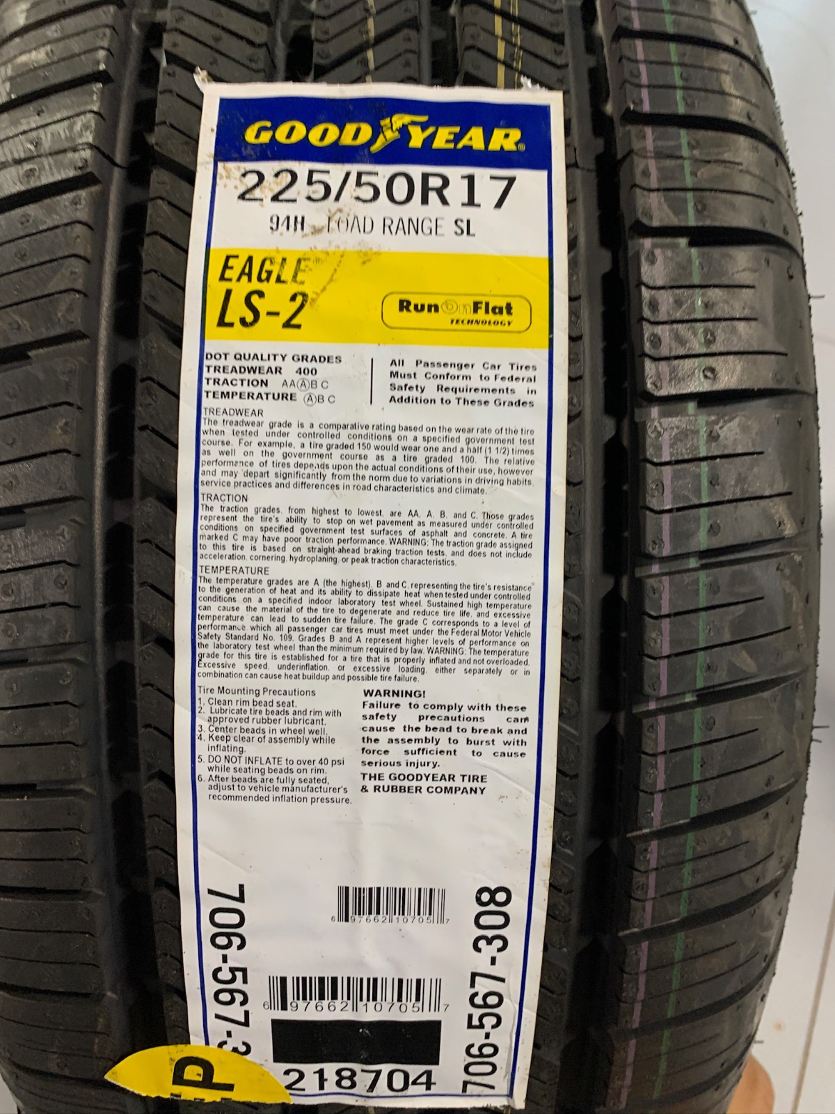1 New 225 50 17 Goodyear Eagle LS-2 ROF All Season Run Flat Tire