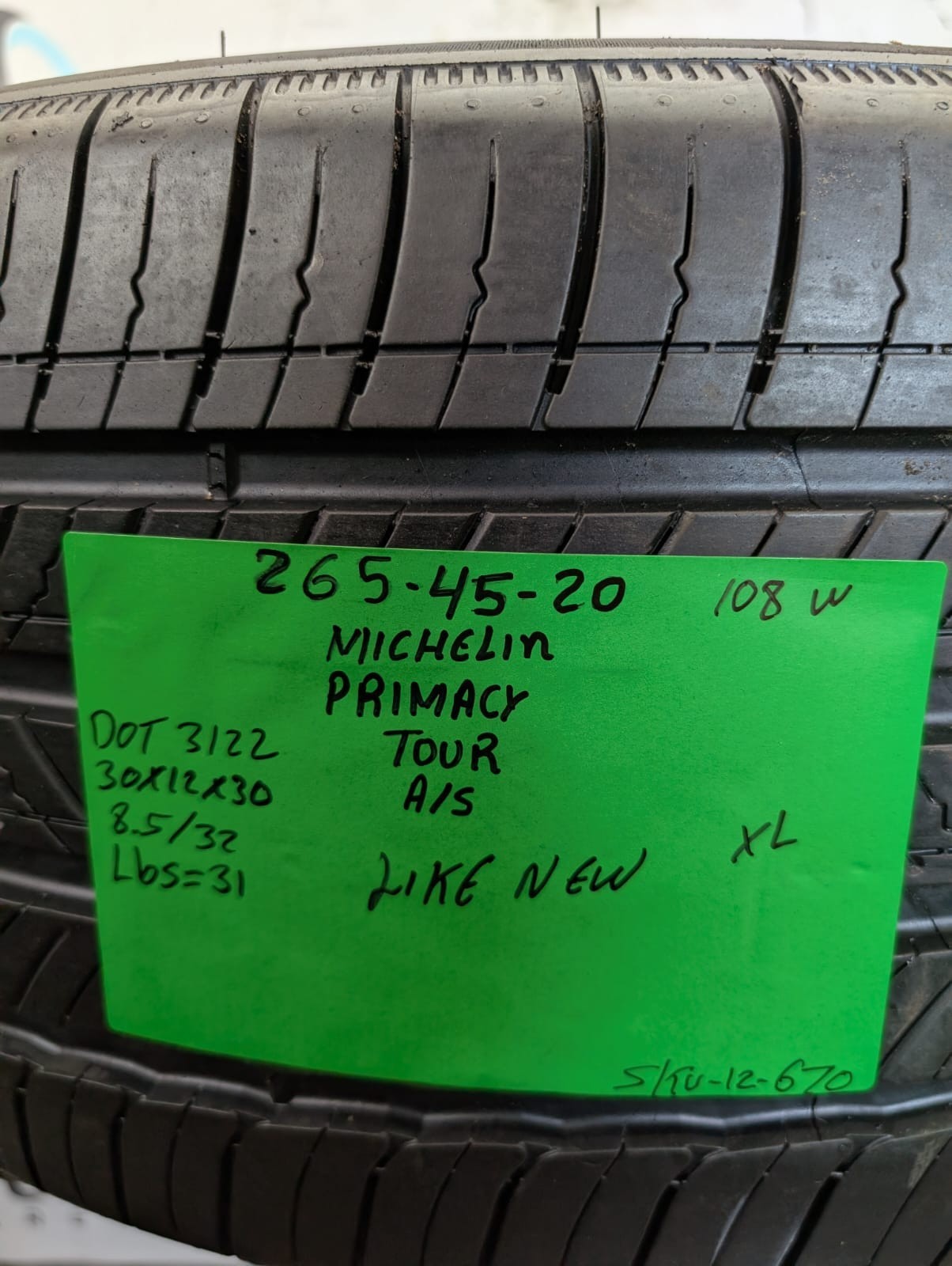 Like New 265/45R20 Michelin Primacy Tour A/S GOE 108W – 8.5/32