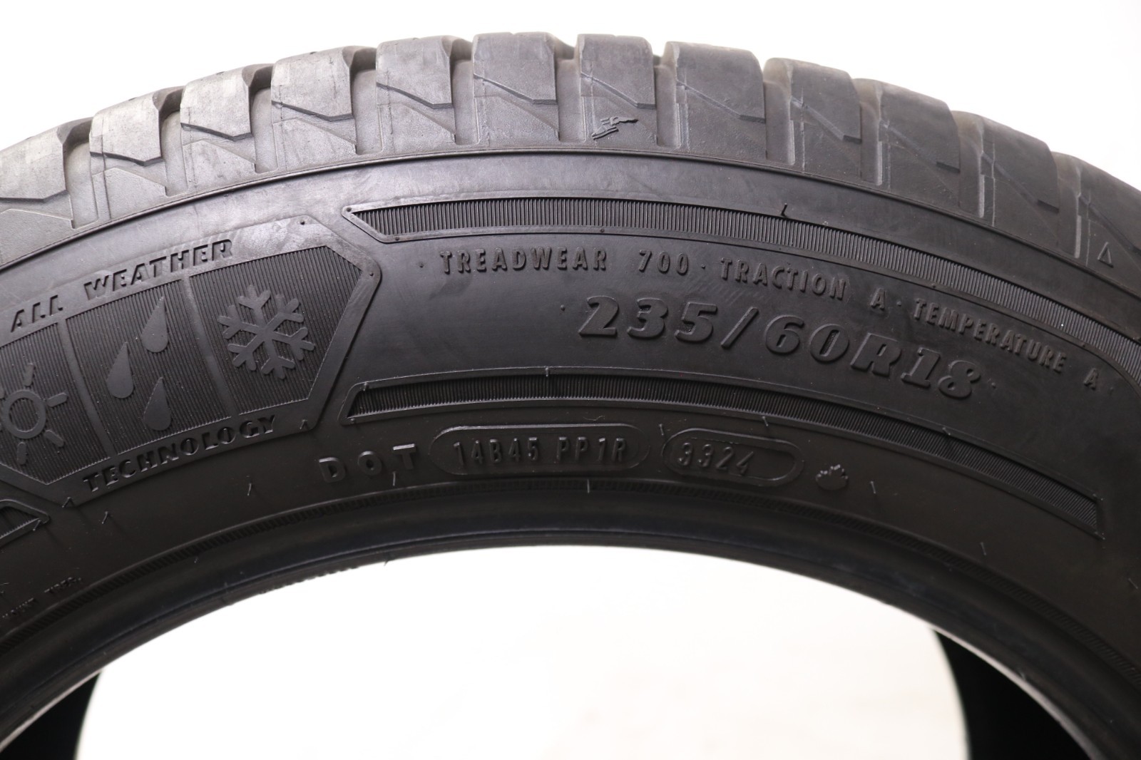 Set of 2 Used 235/60R18 Goodyear Assurance WeatherReady 2 – 107V – 8.5-9.5/32