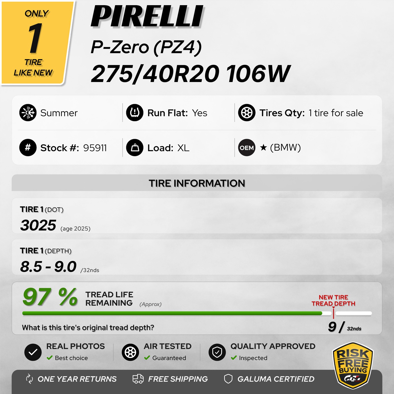 1 Tire LikeNEW Pirelli P-Zero (PZ4) RunFlat ★ XL 275/40R20 275/40/20 106W #95911