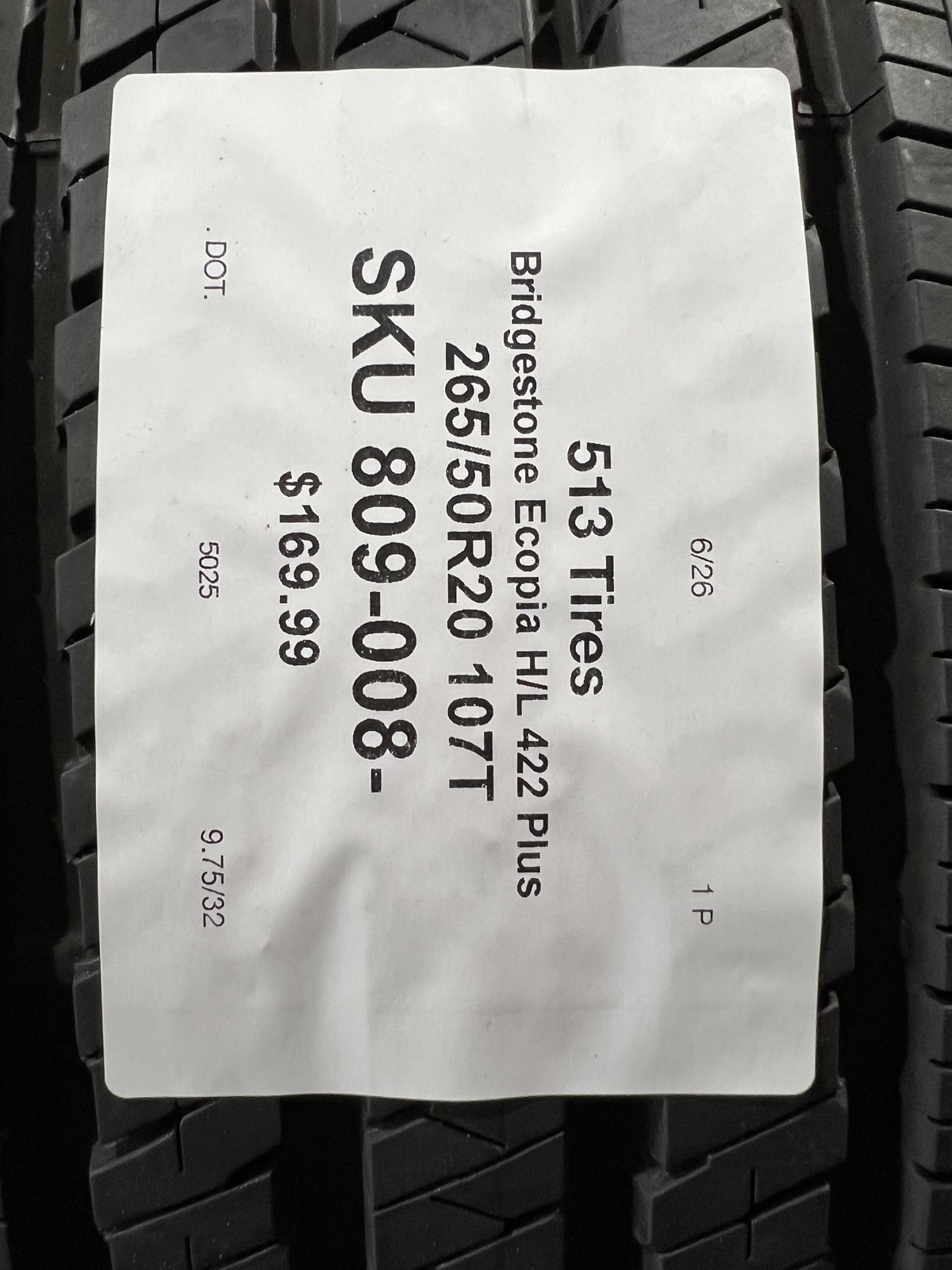 1 Tire Bridgestone Ecopia H/L 422 Plus 265/50R20 107T DOT.5025 9.7532