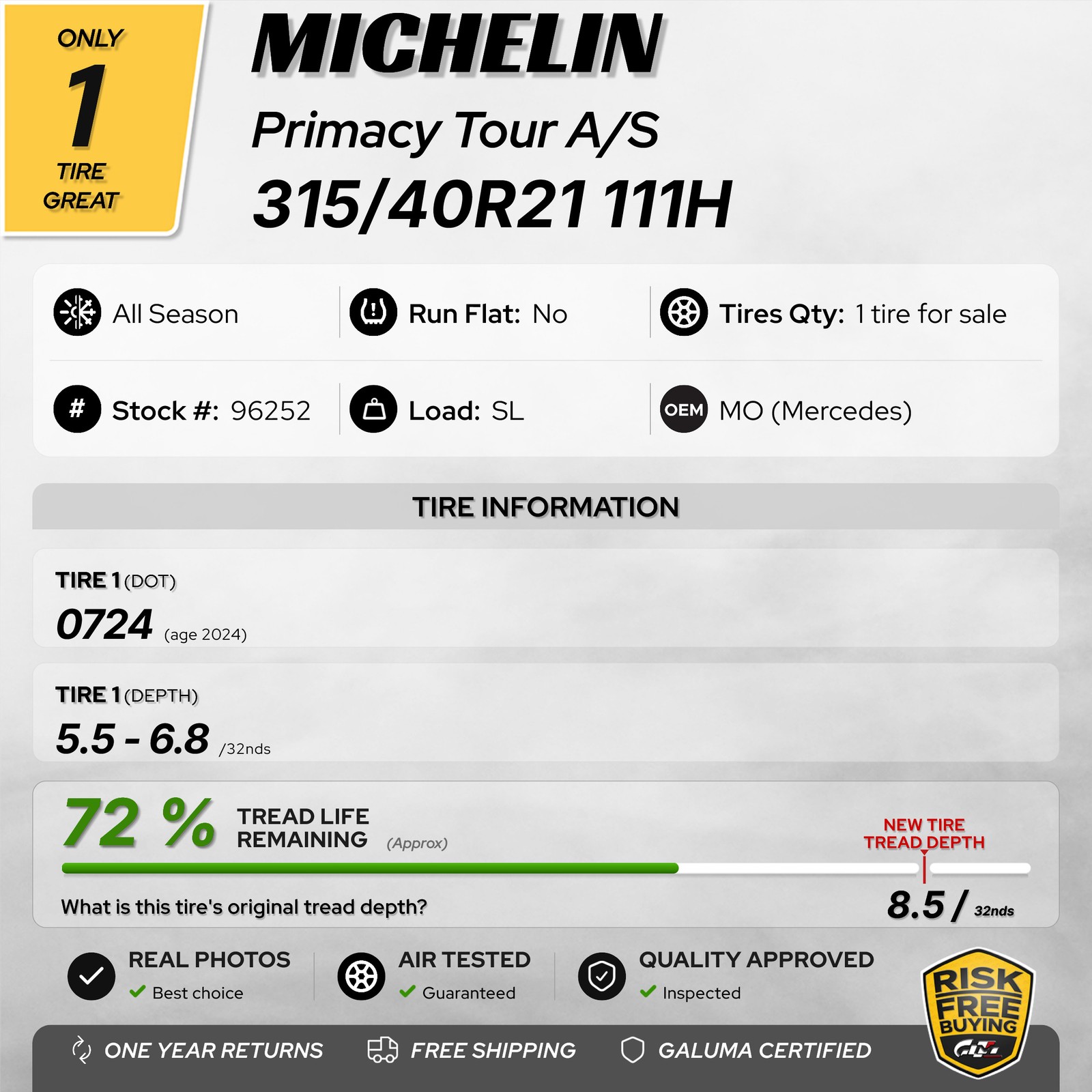1 Tire Michelin Primacy Tour A/S MO 315/40R21 315/40/21 111H No Repairs #96252