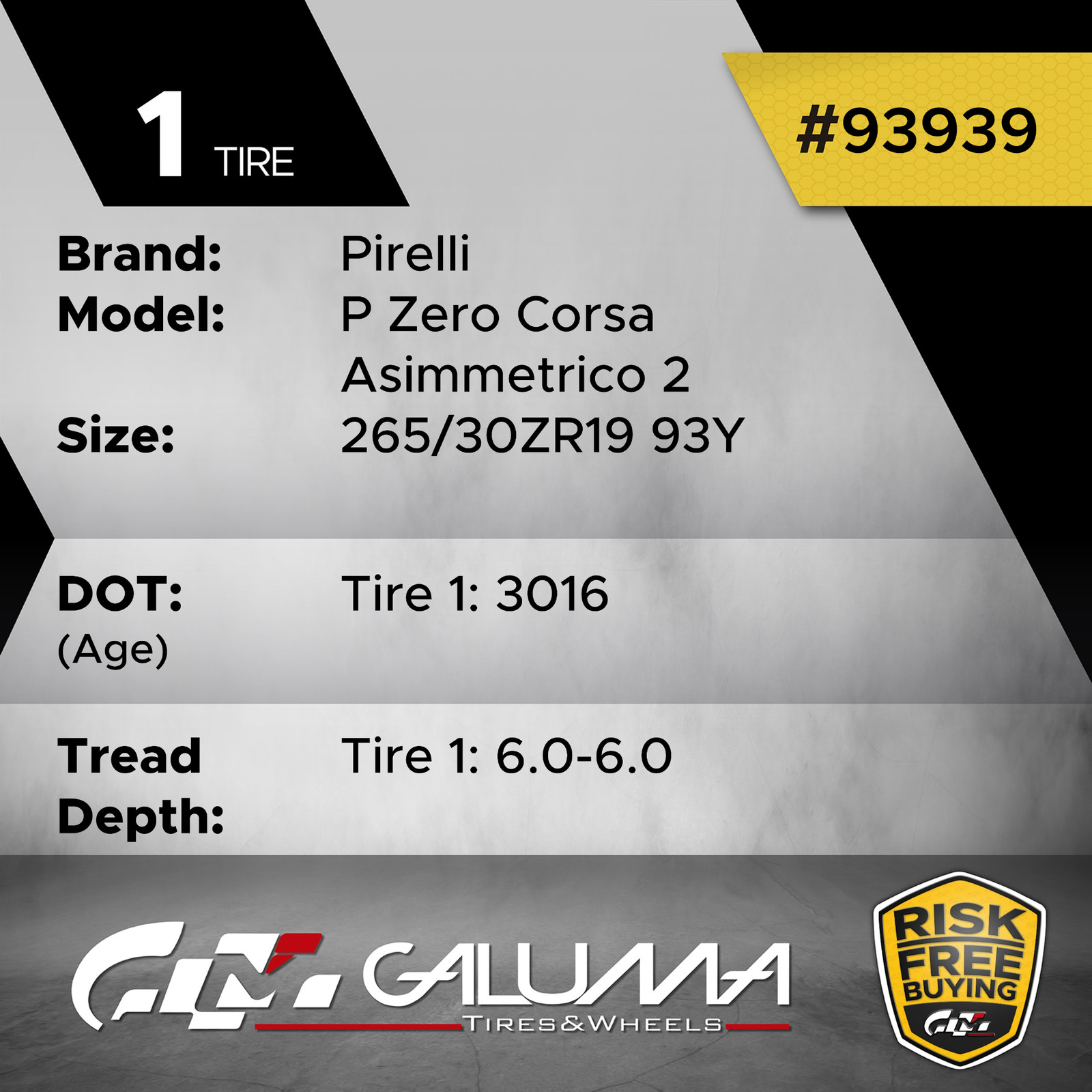 (One) Tire LikeNEW Pirelli P Zero Corsa Asimmetrico 2 265/30ZR19 No Repair 93939