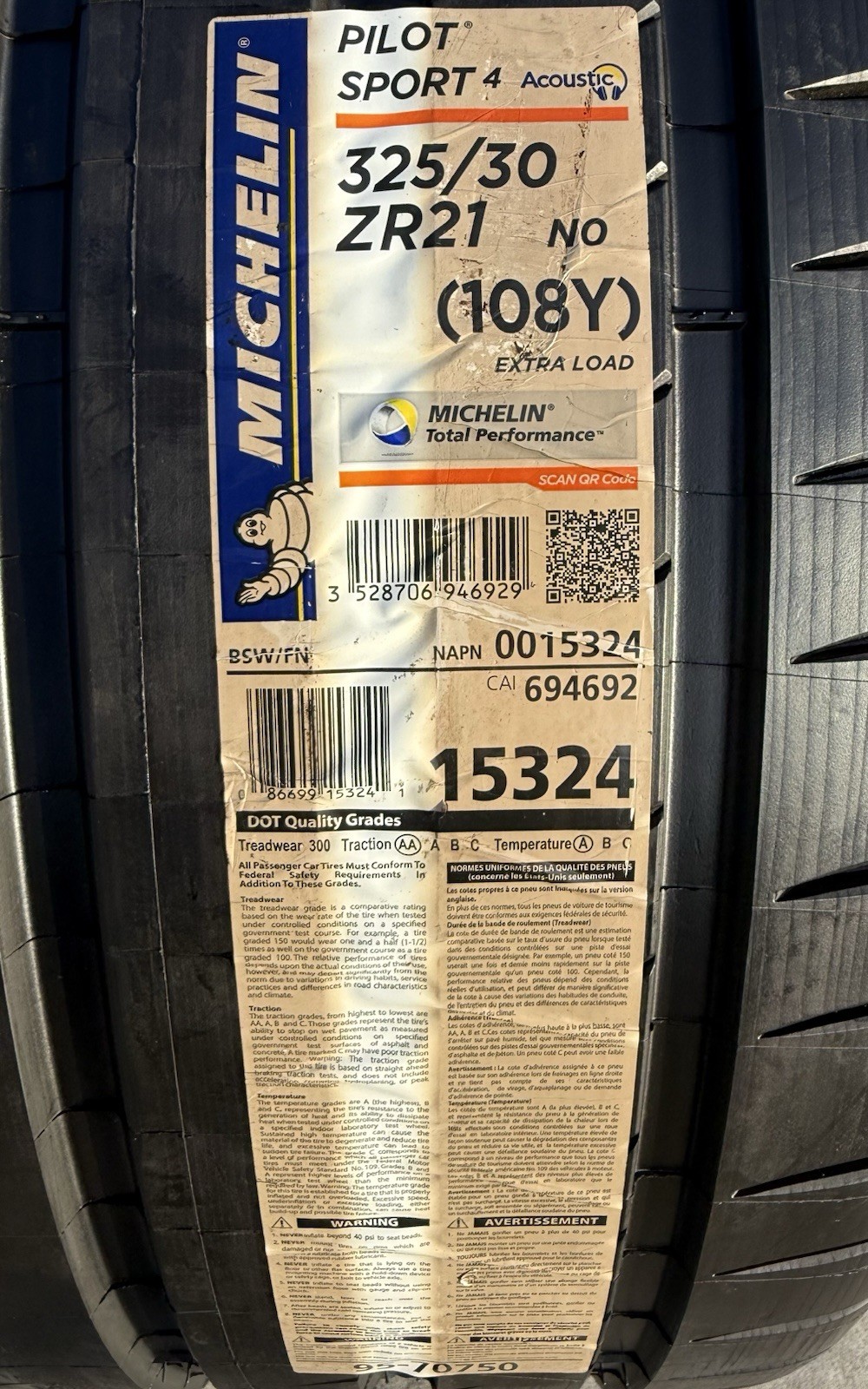 TWO BRAND NEW 325/30ZR21 (108Y) Michelin Pilot Sport 4 N0 Porsche Acoustic Tires