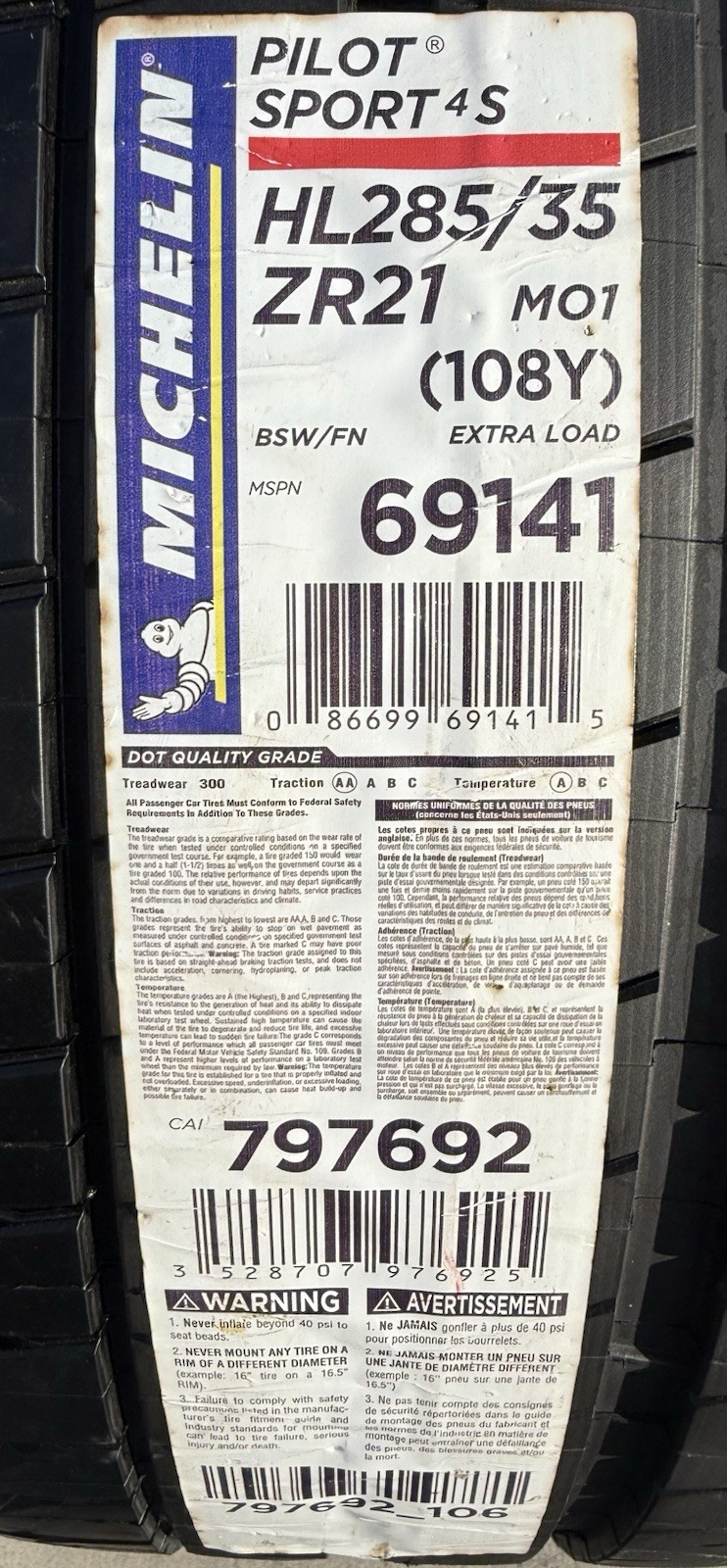 TWO BRAND NEW HL285/35ZR21 (108Y) Michelin Pilot Sport 4S MO1 Tires 285/35ZR21