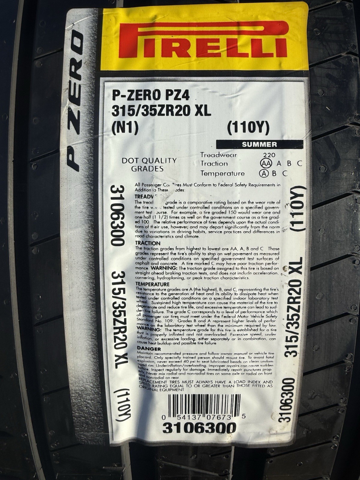 TWO BRAND NEW 315/35ZR20 (110Y) Pirelli P Zero PZ4 N1 Spec Porsche Tires 3153520