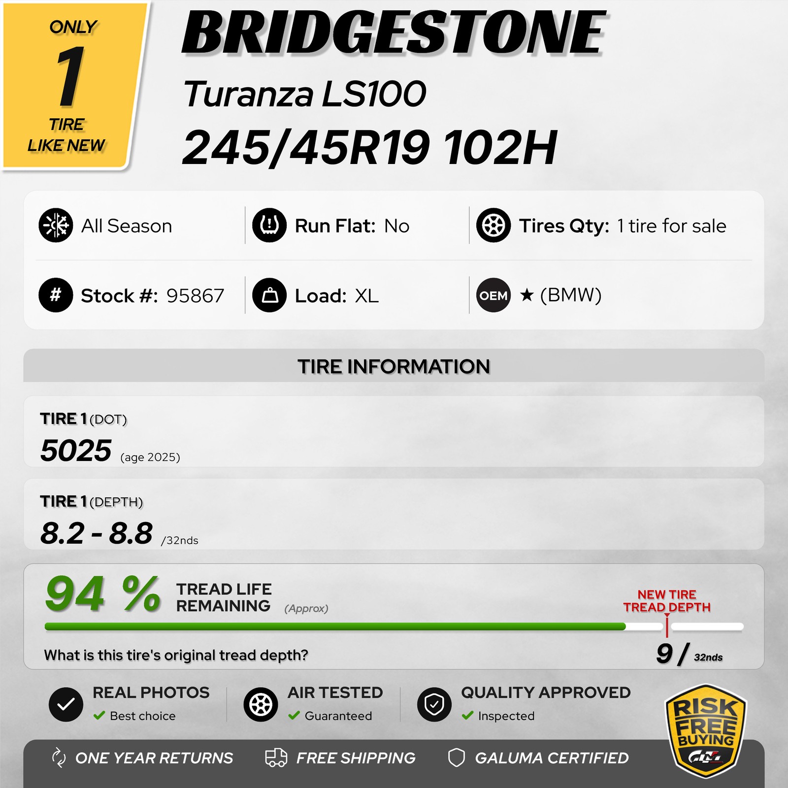 1 Tire LikeNEW Bridgestone Turanza LS100 ★ XL 245/45R19 245/45/19 102H #95867